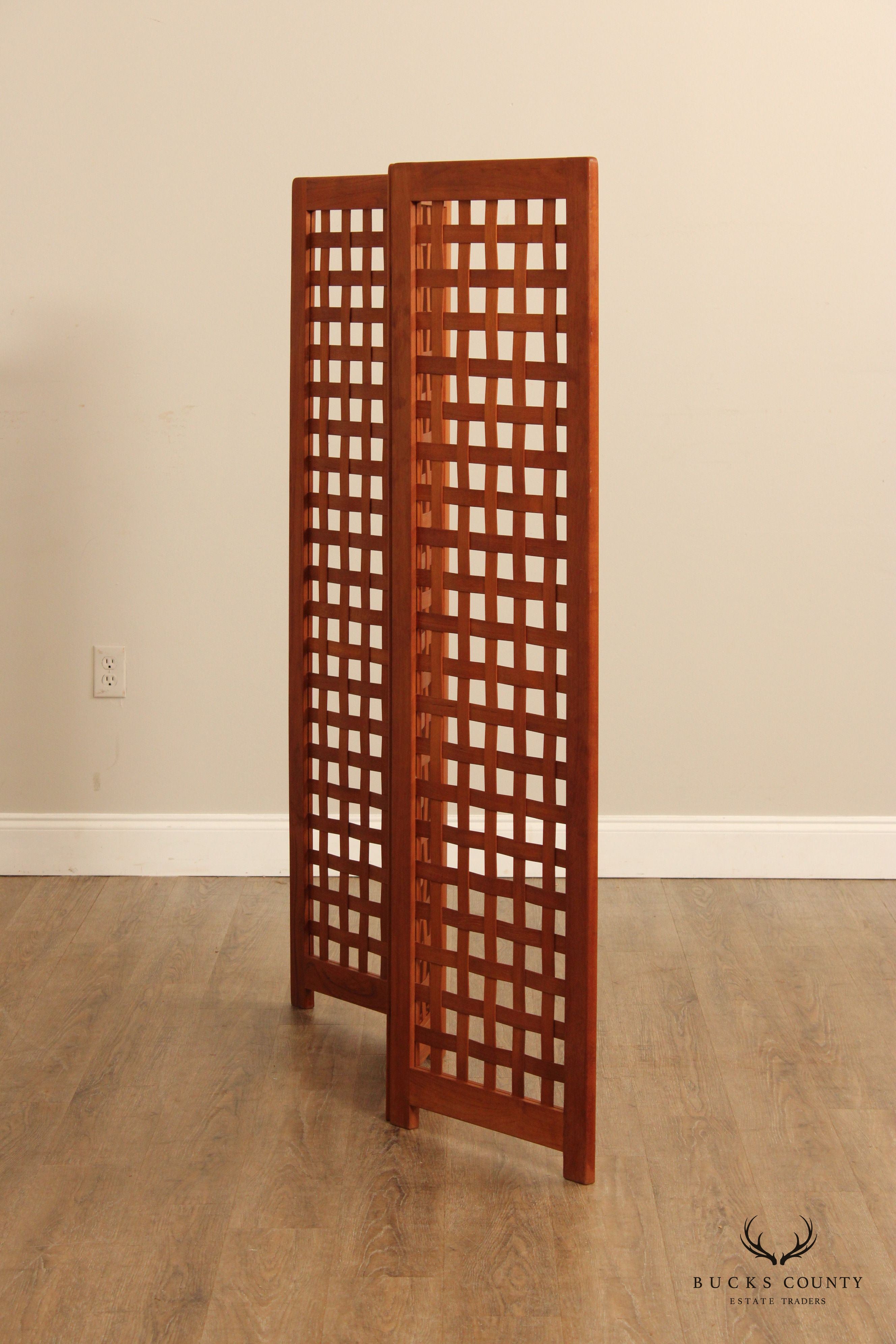 Vintage Latticed Teak Three Panel Folding Screen