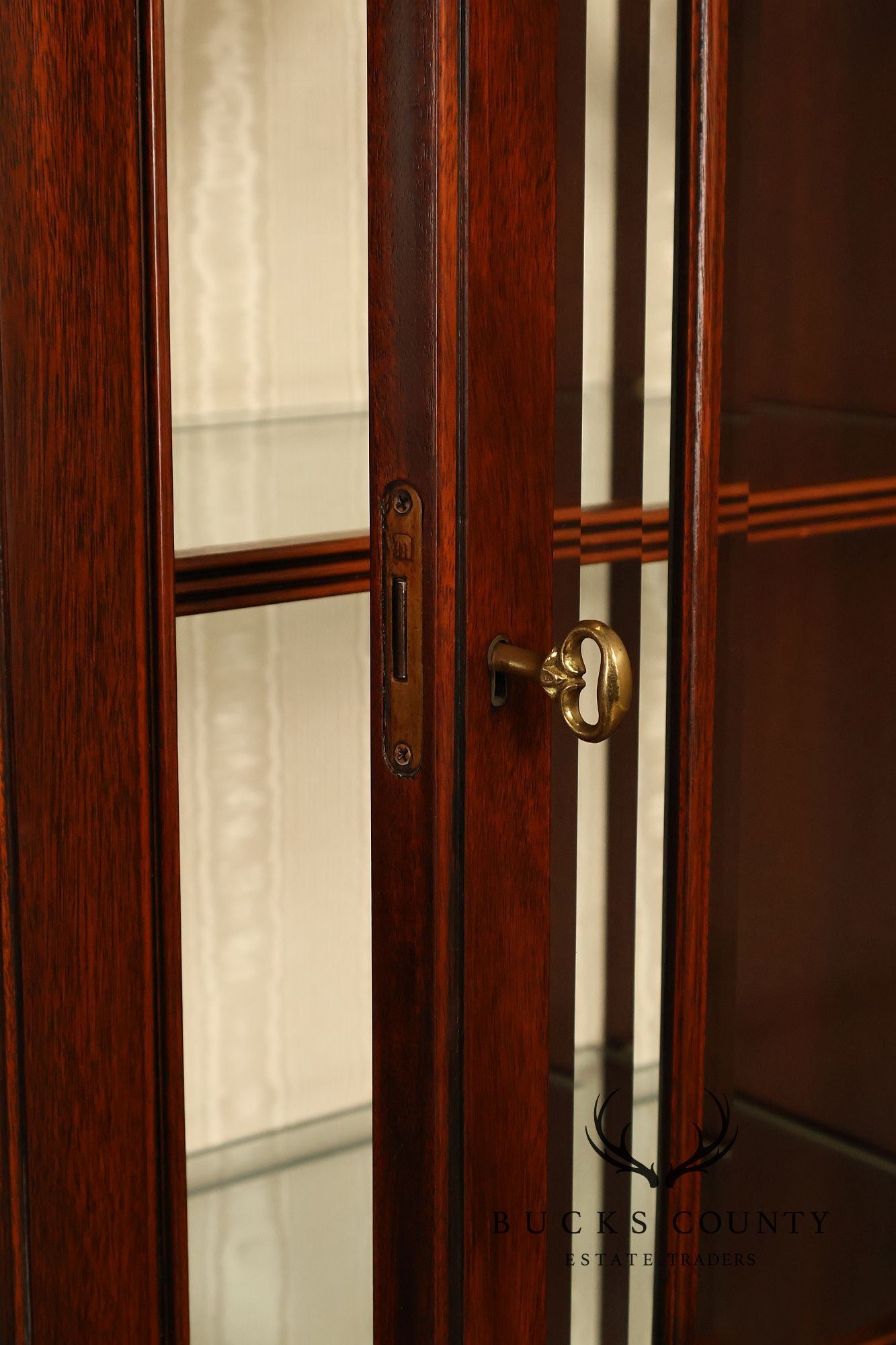 Karges English Style Mahogany Breakfront China Cabinet Display Bookcase with Carved Pediment and Silk Backing