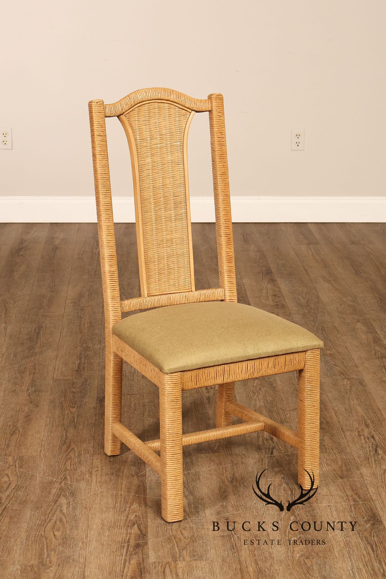 Vintage Wicker Set Of Six Dining Chairs With Upholstered Seats