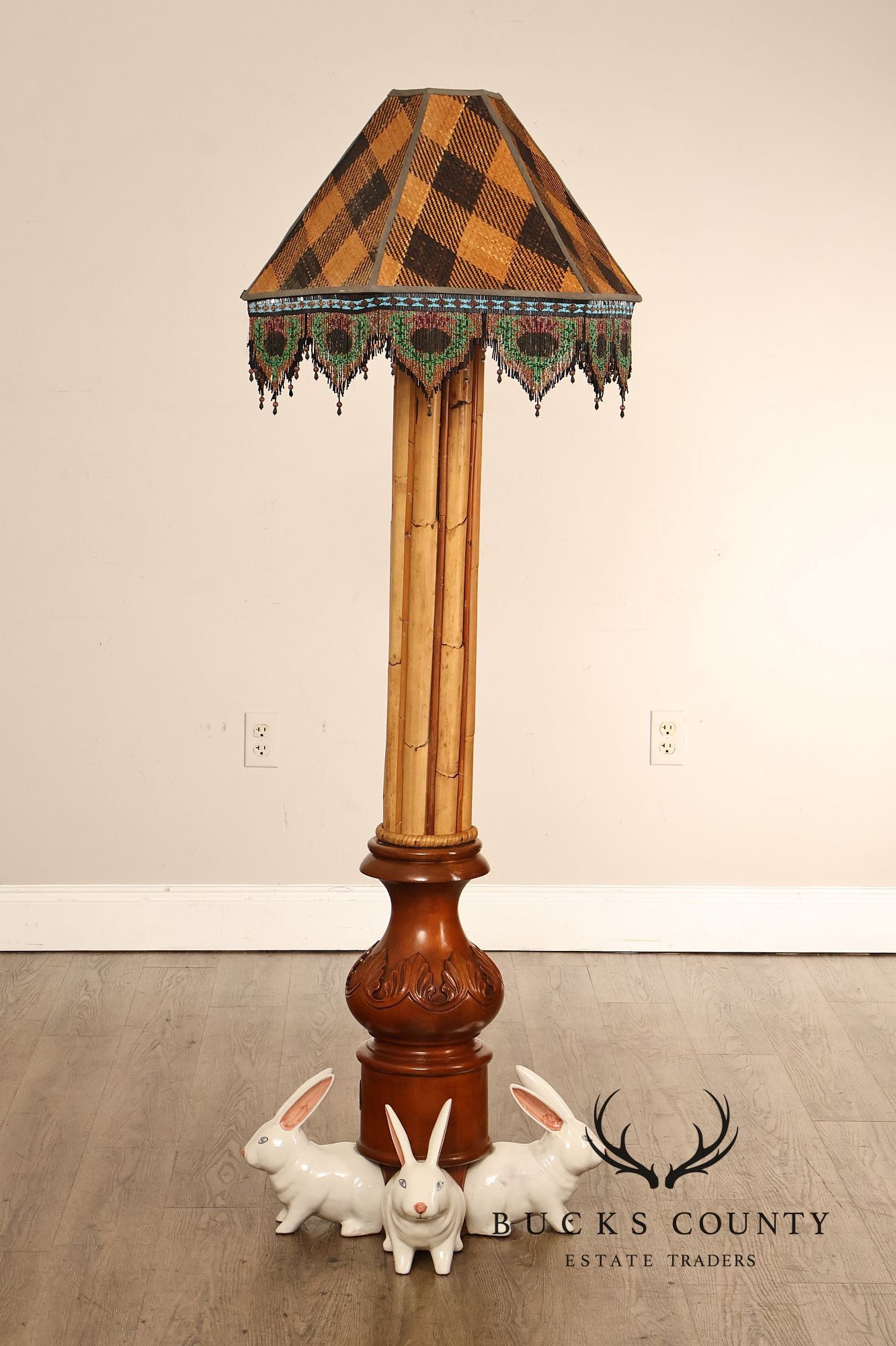 MacKenzie-Childs Rabbit Floor Lamp With Bamboo Column And Beaded Shade