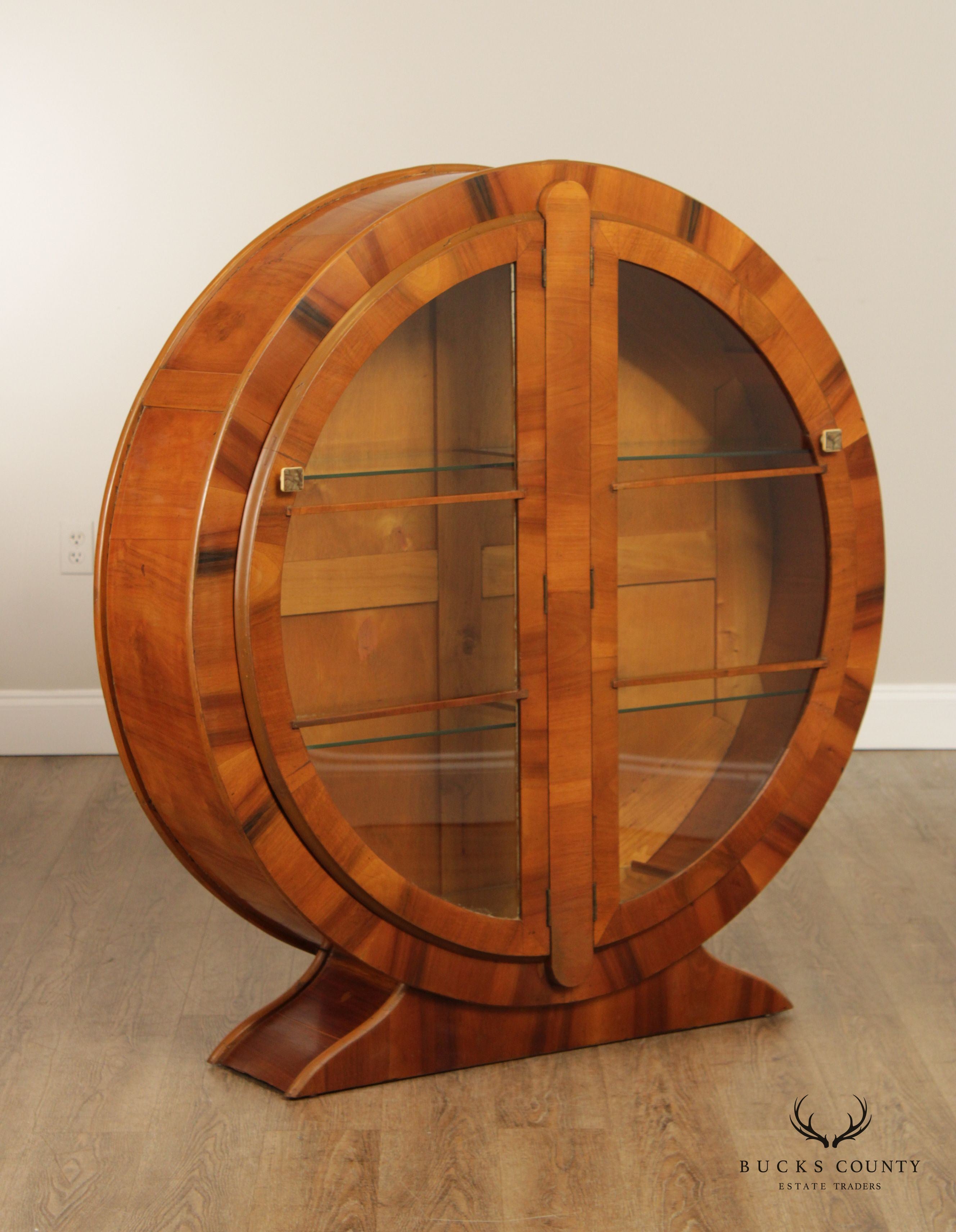 Art Deco Round Walnut Glass Door Display Bookcase Cabinet