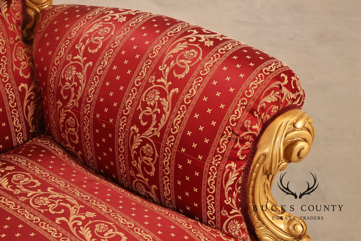 Baroque Style Pair Of Giltwood Armchairs With Red Damask Upholstery