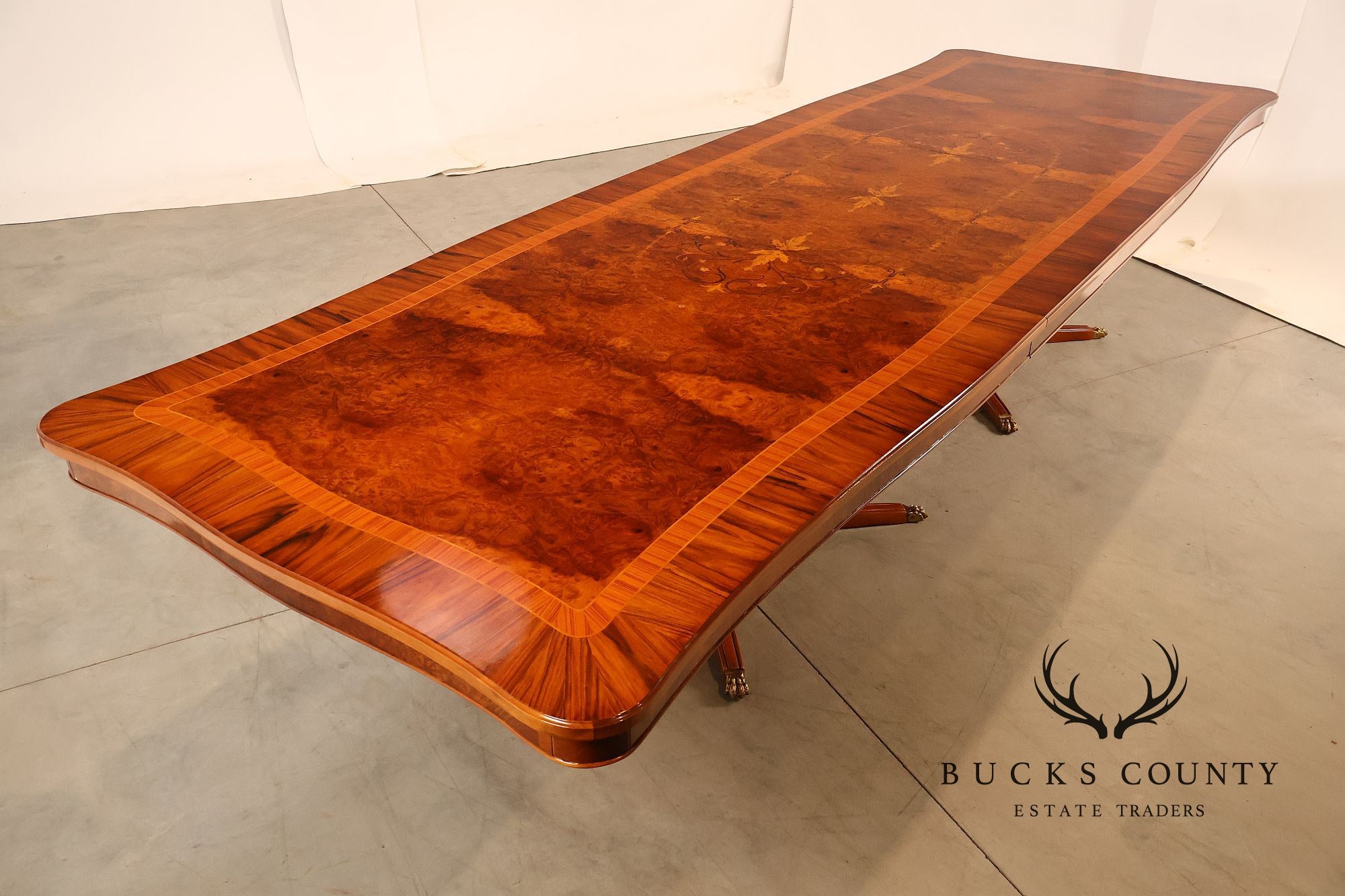 Exceptional Italian Burlwood Inlaid Double Pedestal Extendable Dining Table