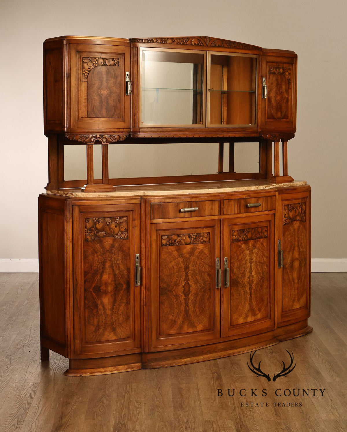 Antique European Art Deco Burl Walnut Marble Top Buffet With Art Nouveau Influence
