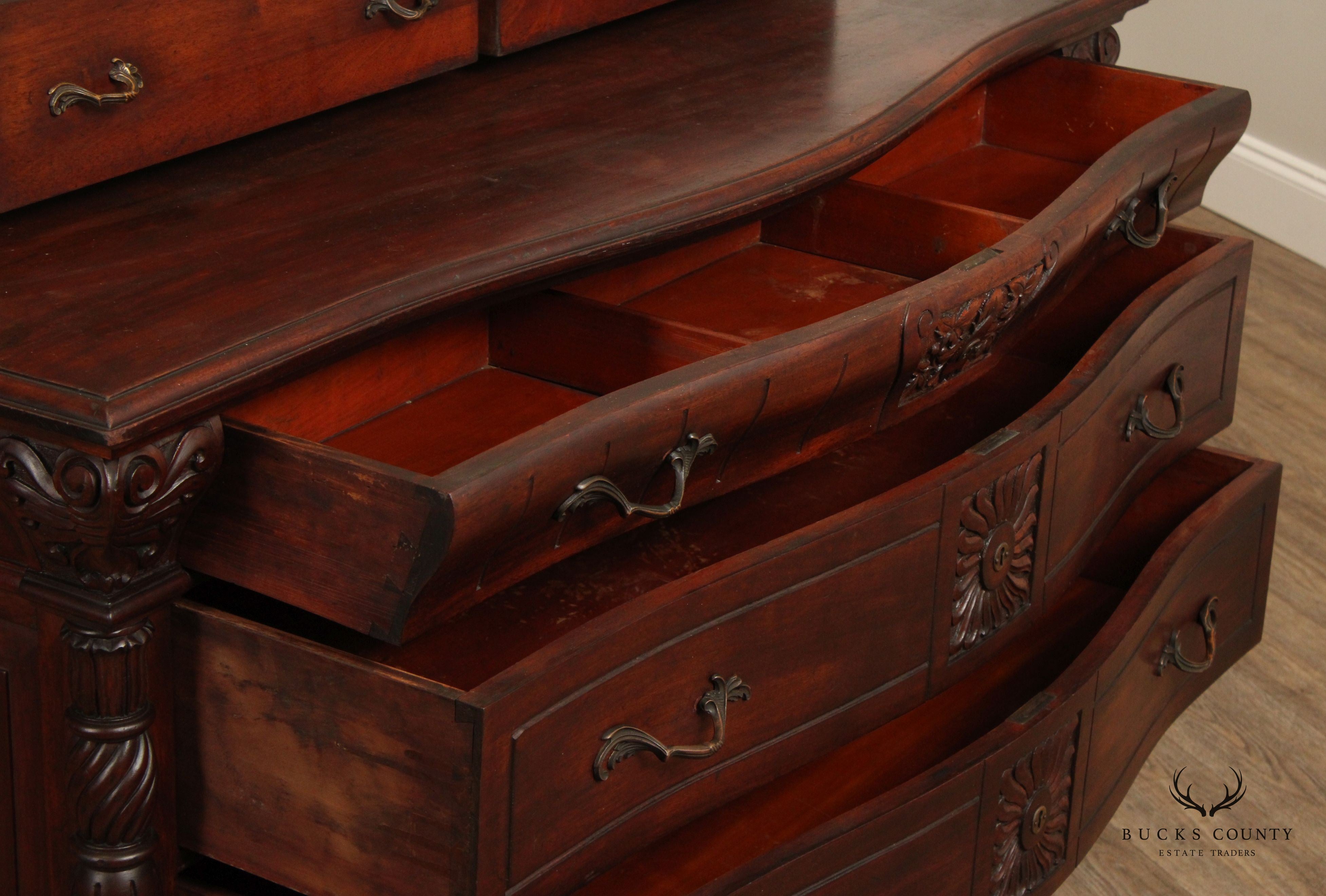 American Victorian Carved Mahogany Dresser With Mirror