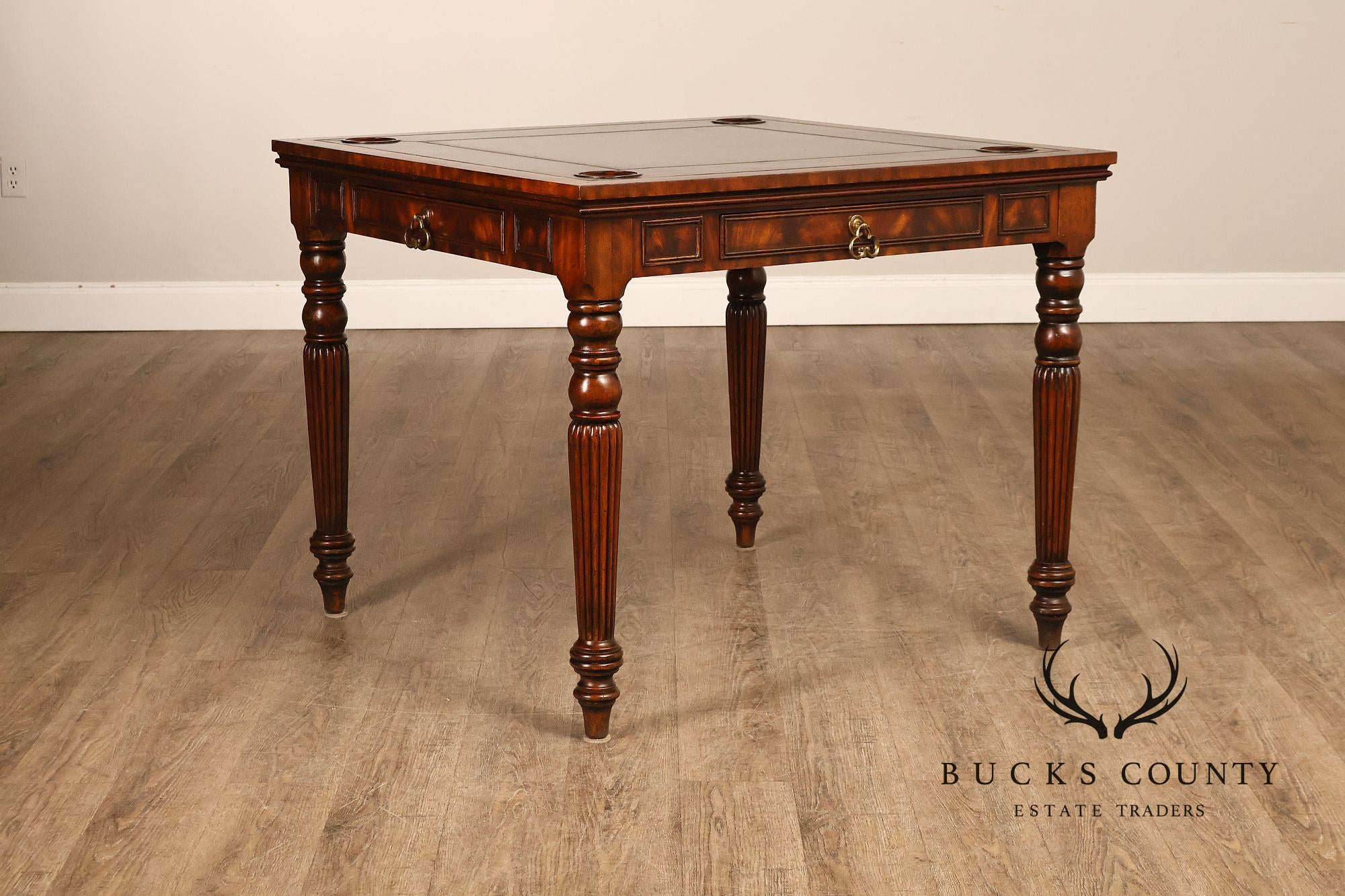 Maitland Smith Regency Style Mahogany Square Leather Top Game Table