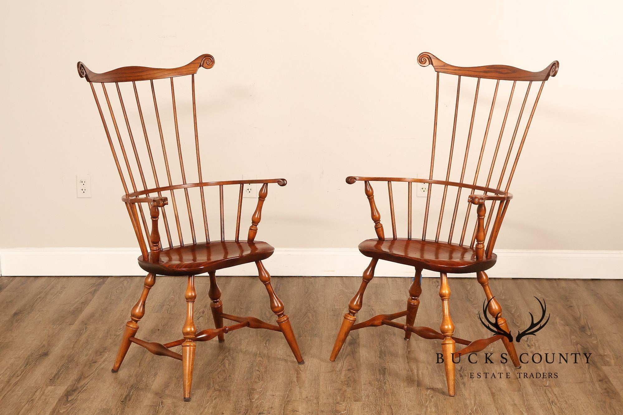Nichols and Stone Pair of Oak Windsor Armchairs