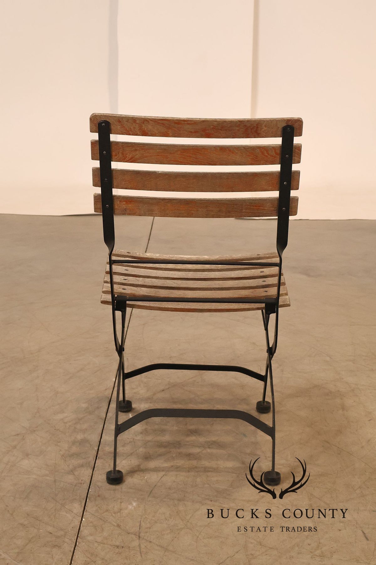 French Style Set of Four Teak and Wrought Iron Bistro Chairs