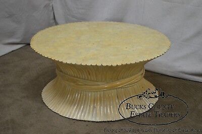 McGuire Style Mid Century Modern Round Wheat Sheaf Rattan Coffee Table