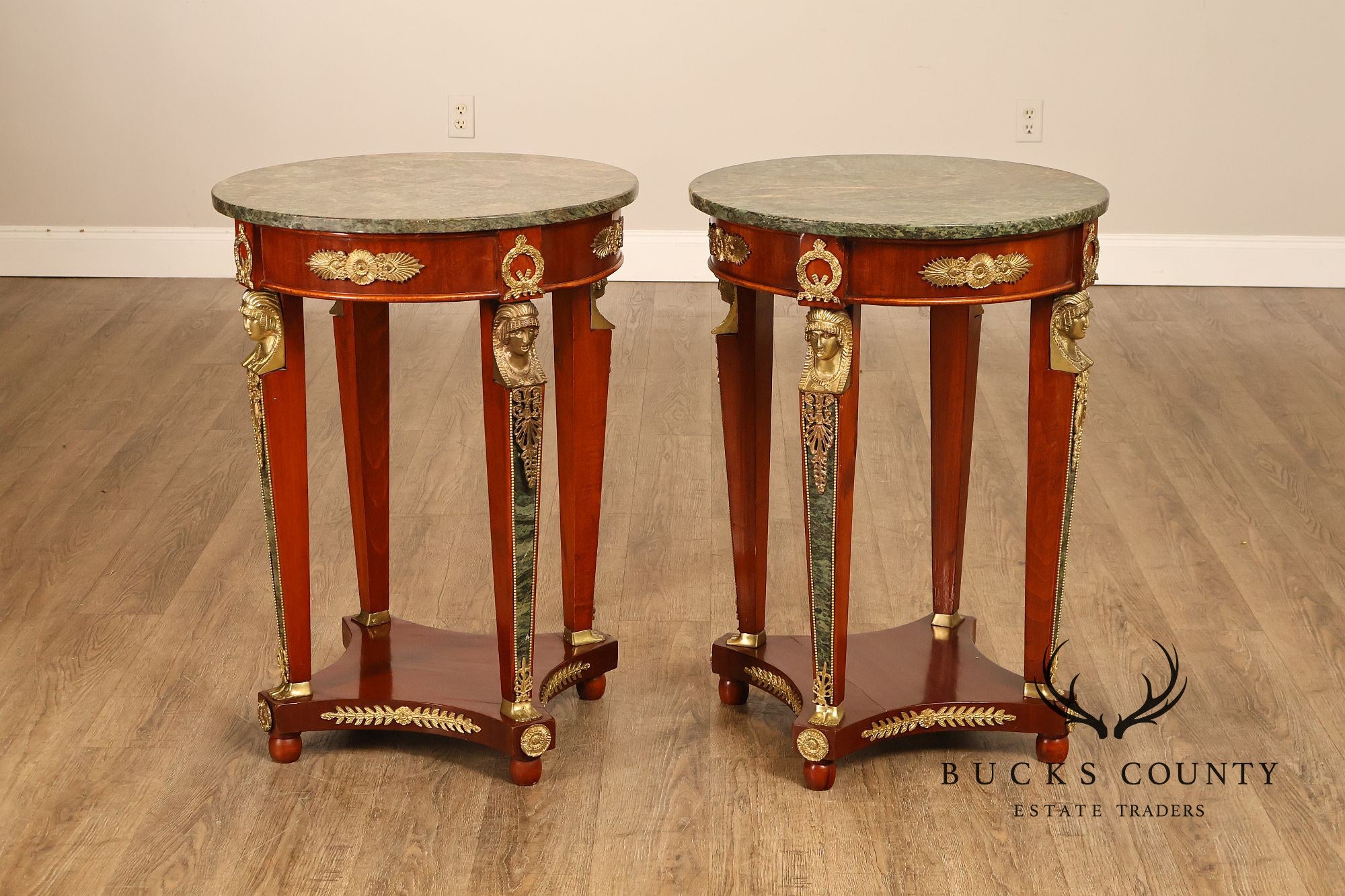 French Empire Style Pair Of Round Marble Top Ormolu Mounted Side Tables
