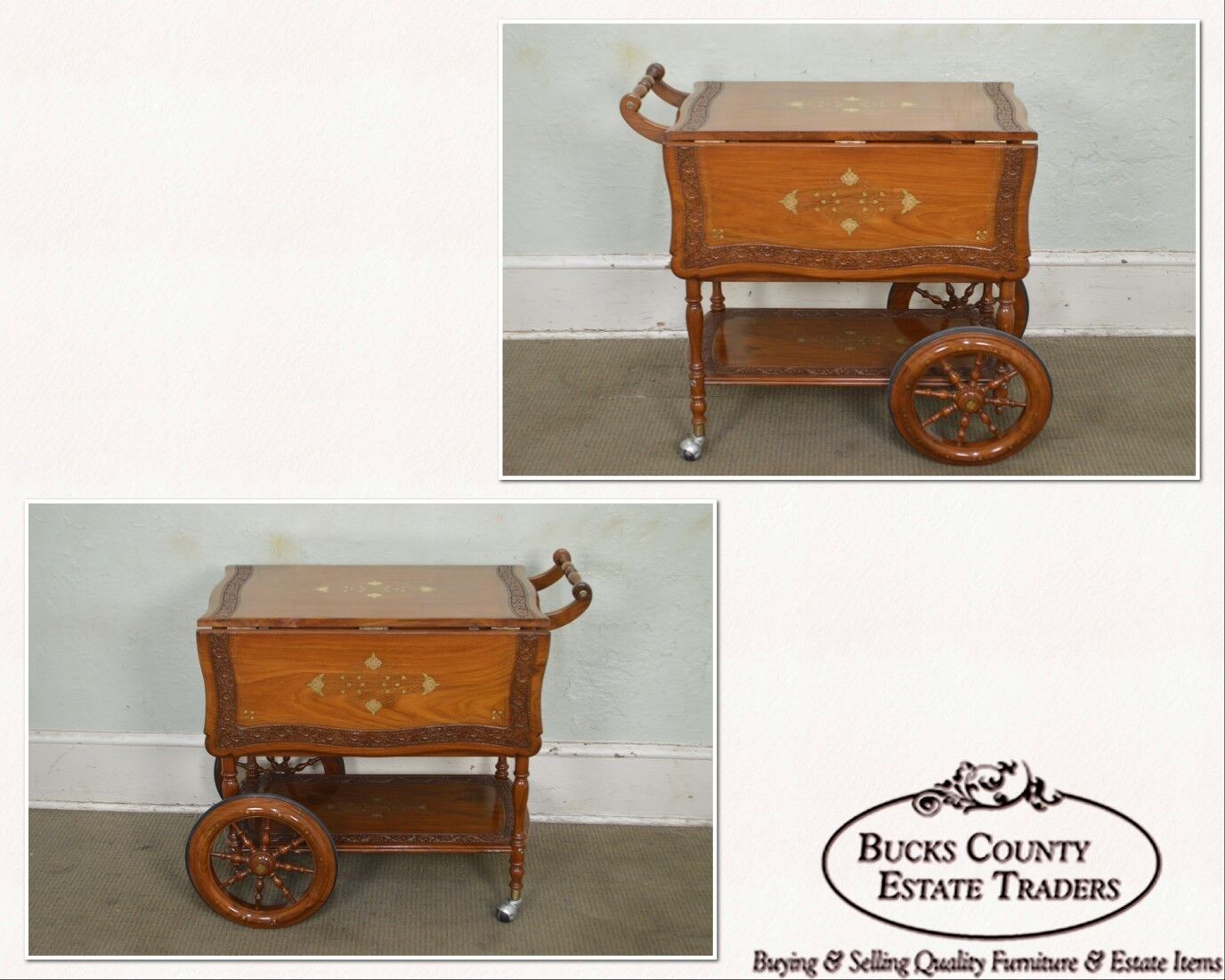 India Teak Wood Brass Marquetry Inlaid Serving Tea Cart