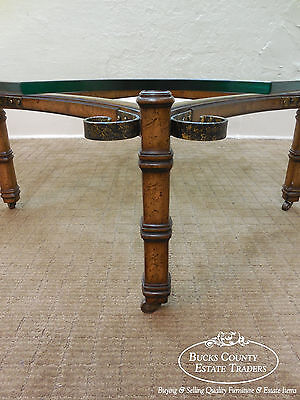 Vintage Spanish Mediterranean Style Walnut Scrolled Metal Glass Top Coffee Table