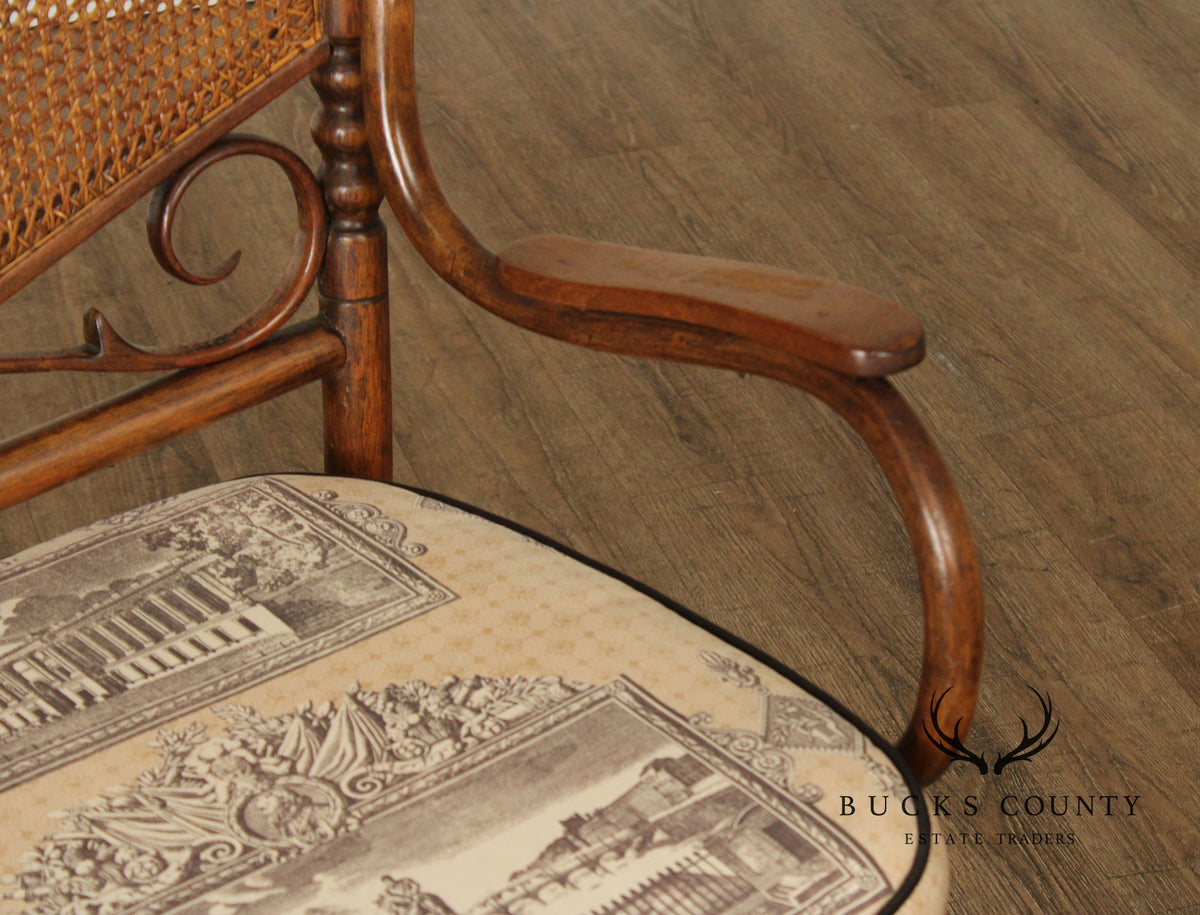Vintage Thonet Style Bentwood And Caned Settee With Upholstered Cushion