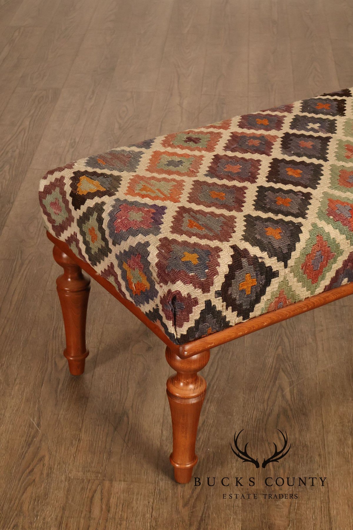 Vintage Kilim Upholstered Cherry Bench