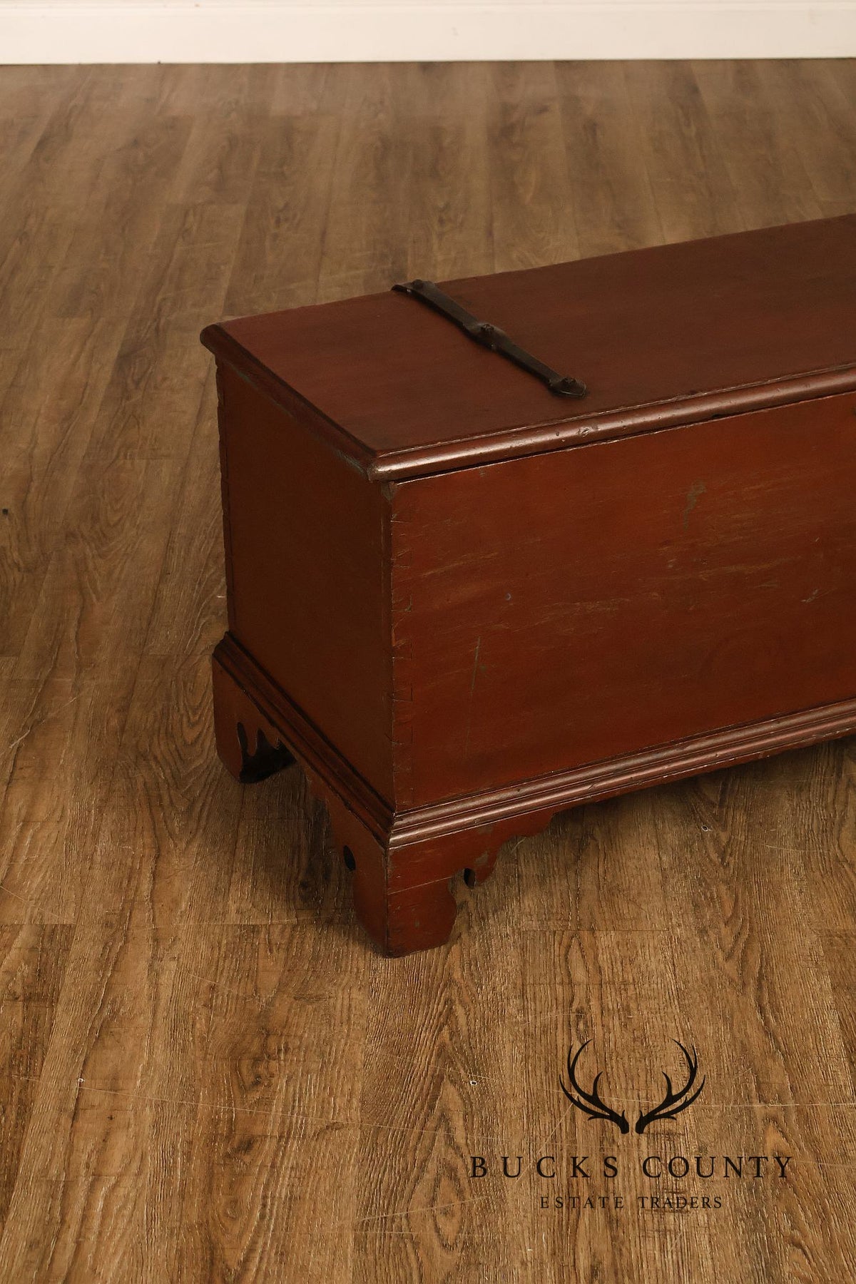 Antique Red Painted Cedar Blanket Chest With Cast Iron Strapping