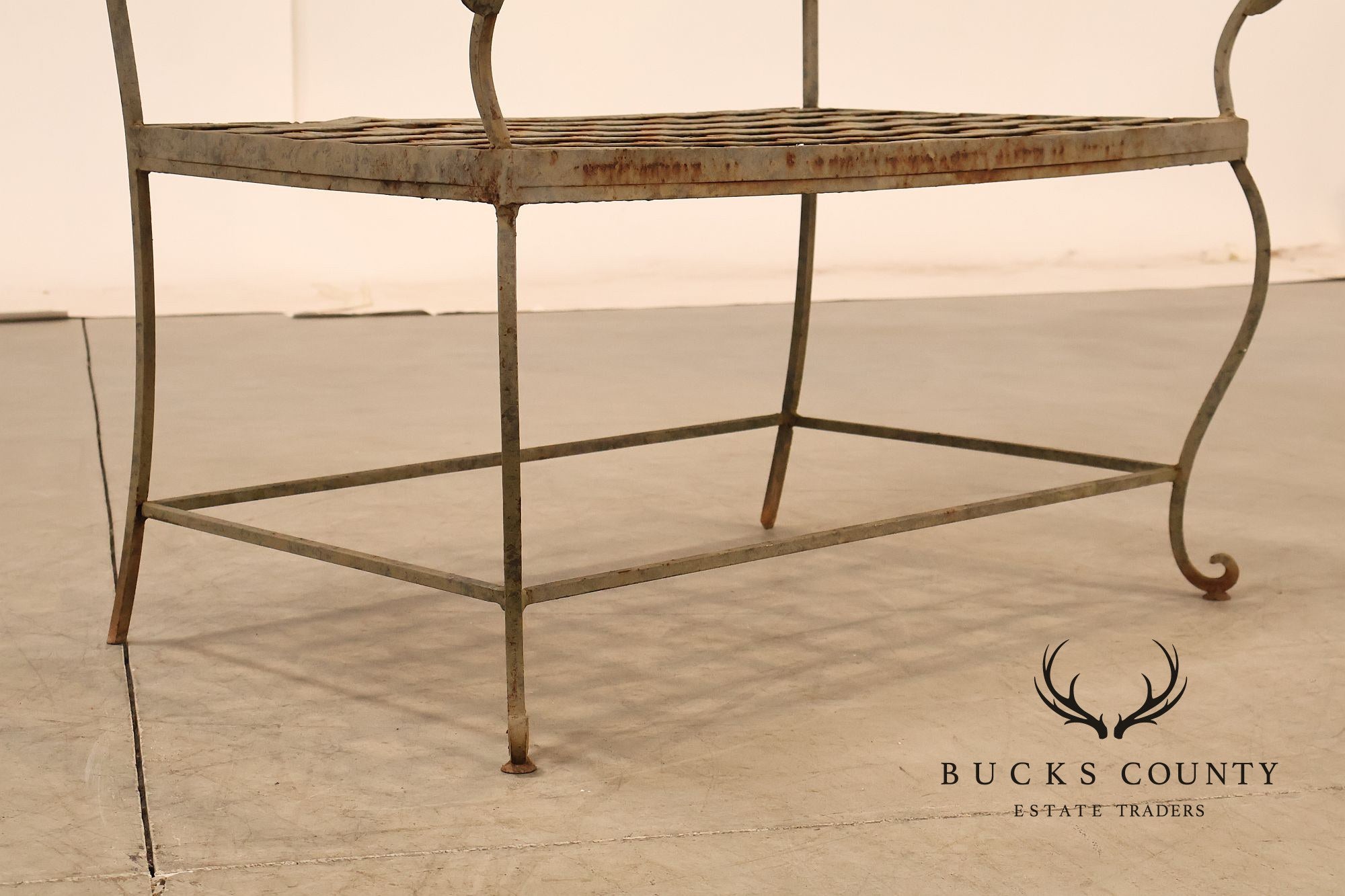Vintage Wrought Iron Garden Bench With Scrollwork Back