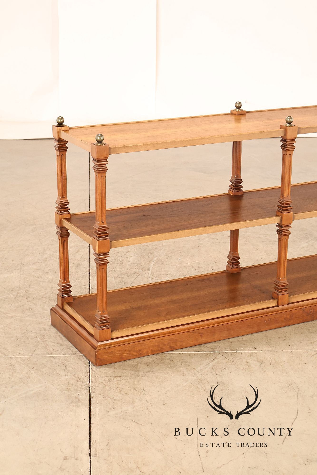 Brandt Furniture Regency Style Walnut Three-Tier Open Etagere Bookcase With Brass Ball Finials