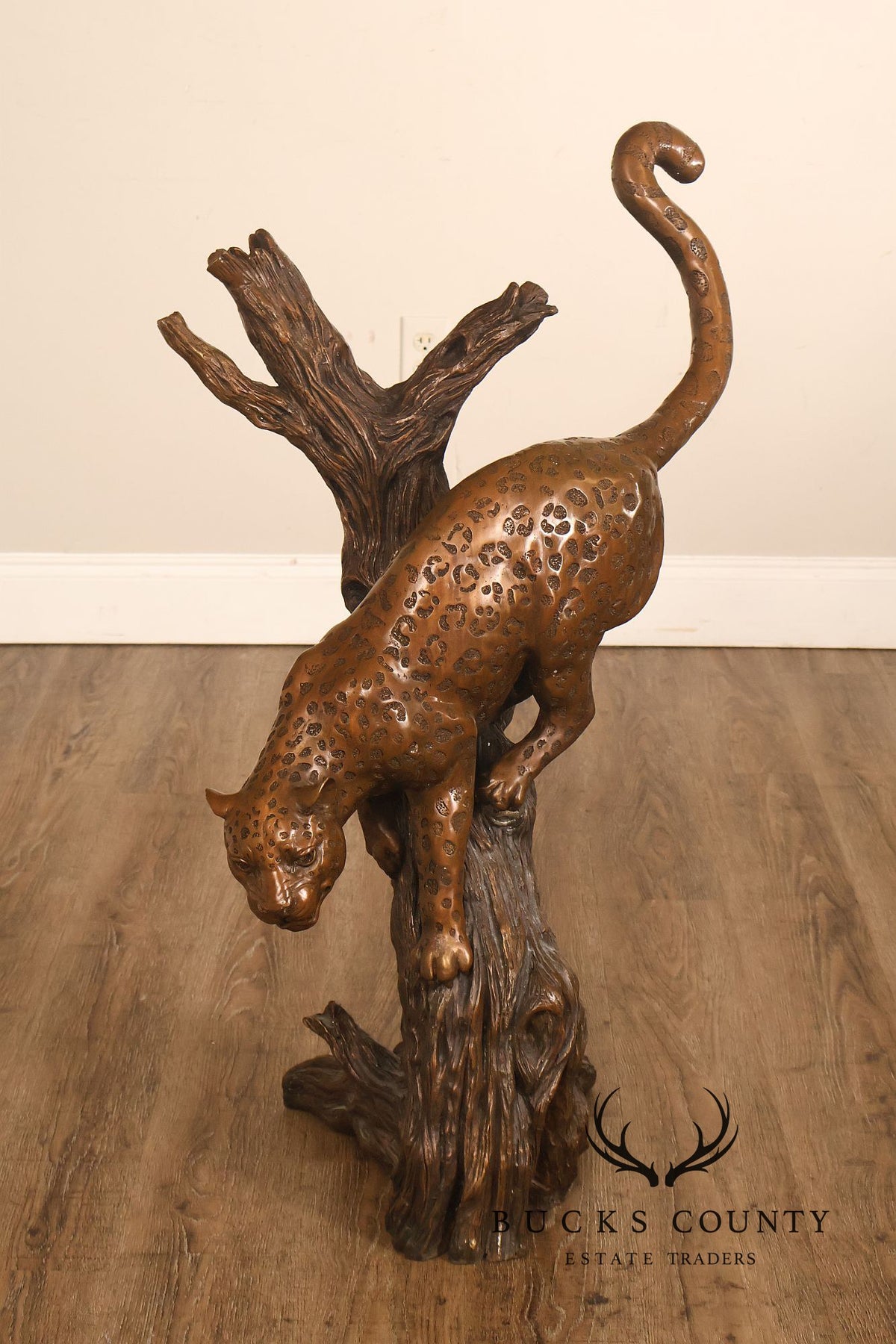 Large Bronze Leopard Sculpture On Tree Stump Base