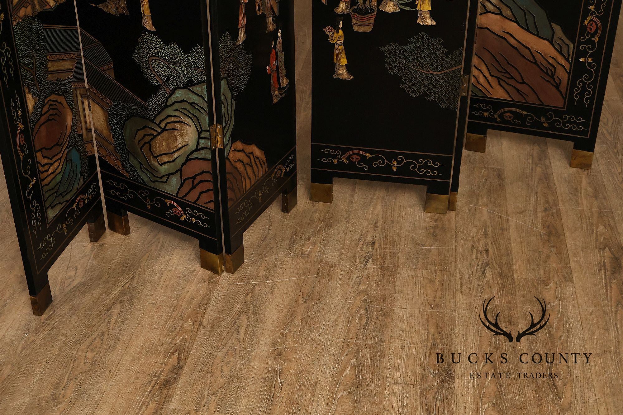 Asian Style Black Vintage Lacquer Six Panel Folding Screen