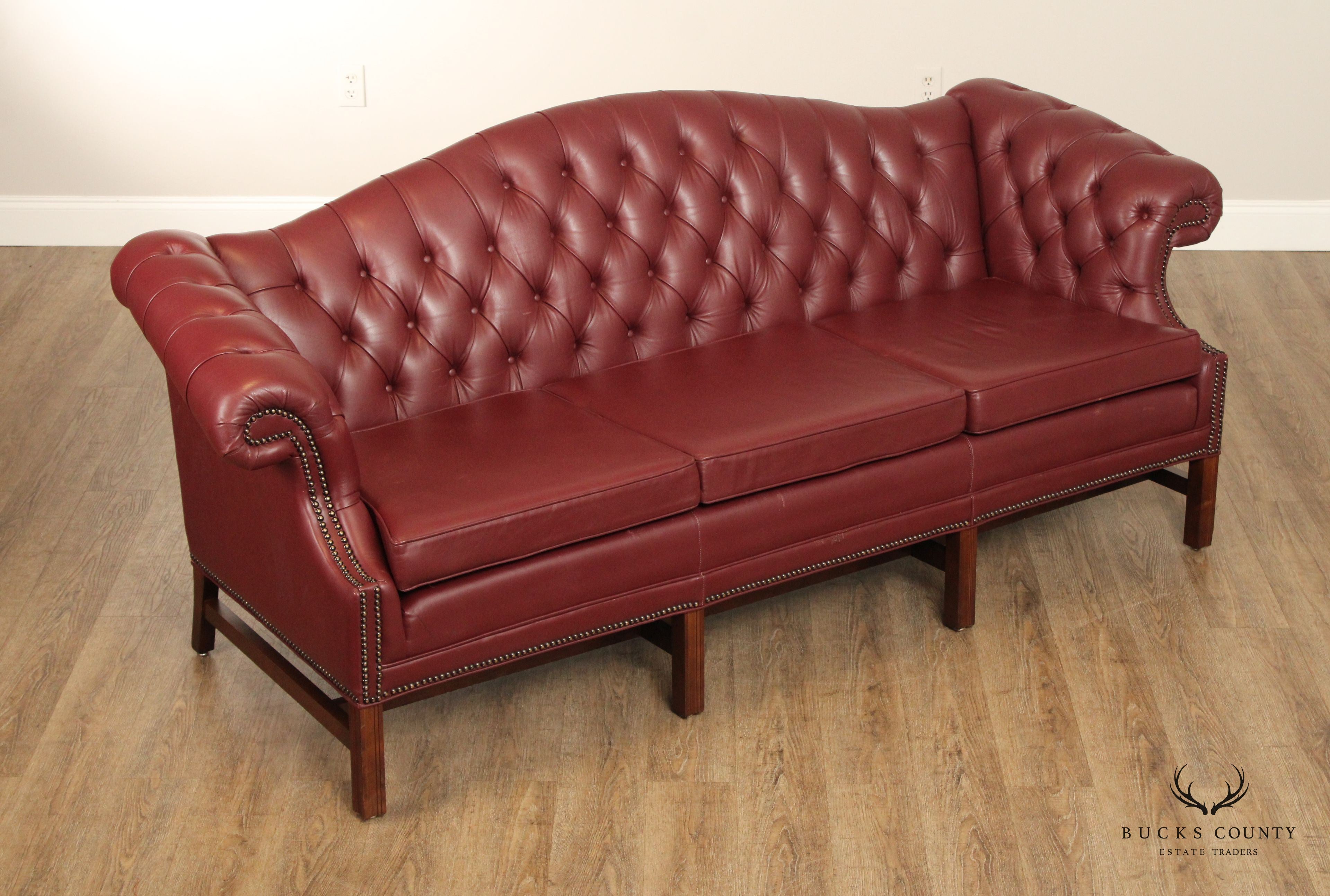 Chippendale Chesterfield Style Tufted Leather Camelback Sofa