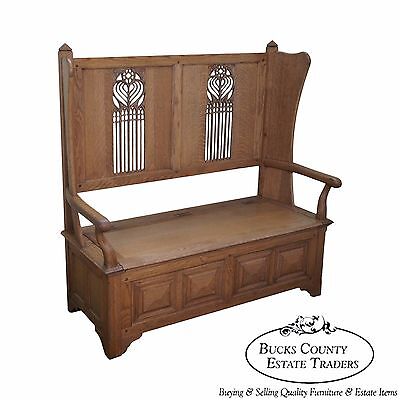 Jonathan Charles Tudor Oak Gothic Style Settee w/ Storage