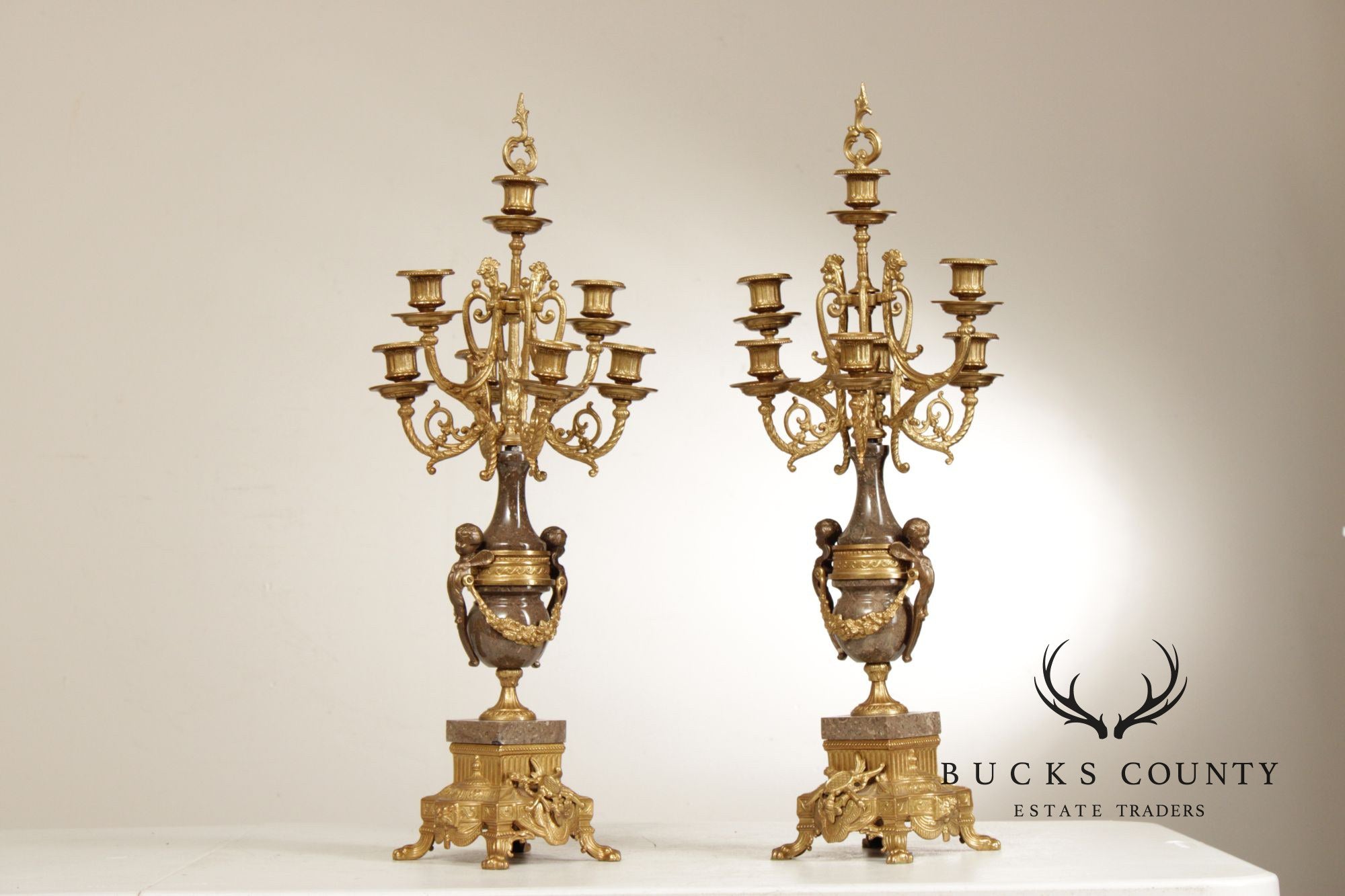 Brevettato Italian Pair of Marble and Gilt Bronze Candelabra