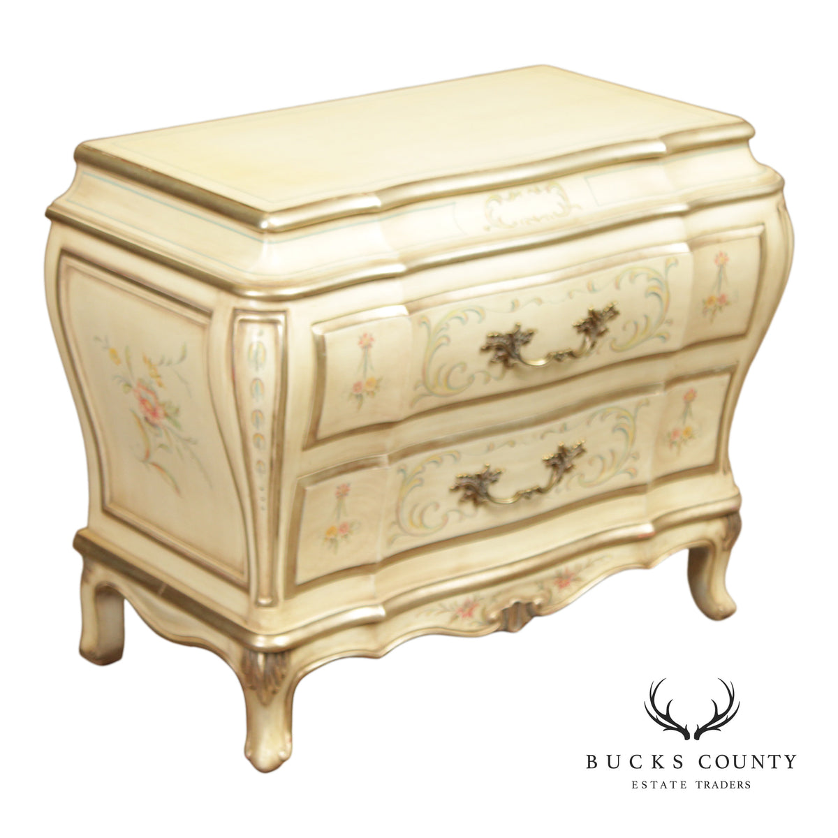 Karges Bombe Painted Two-Drawer Night Stand With Floral Motifs