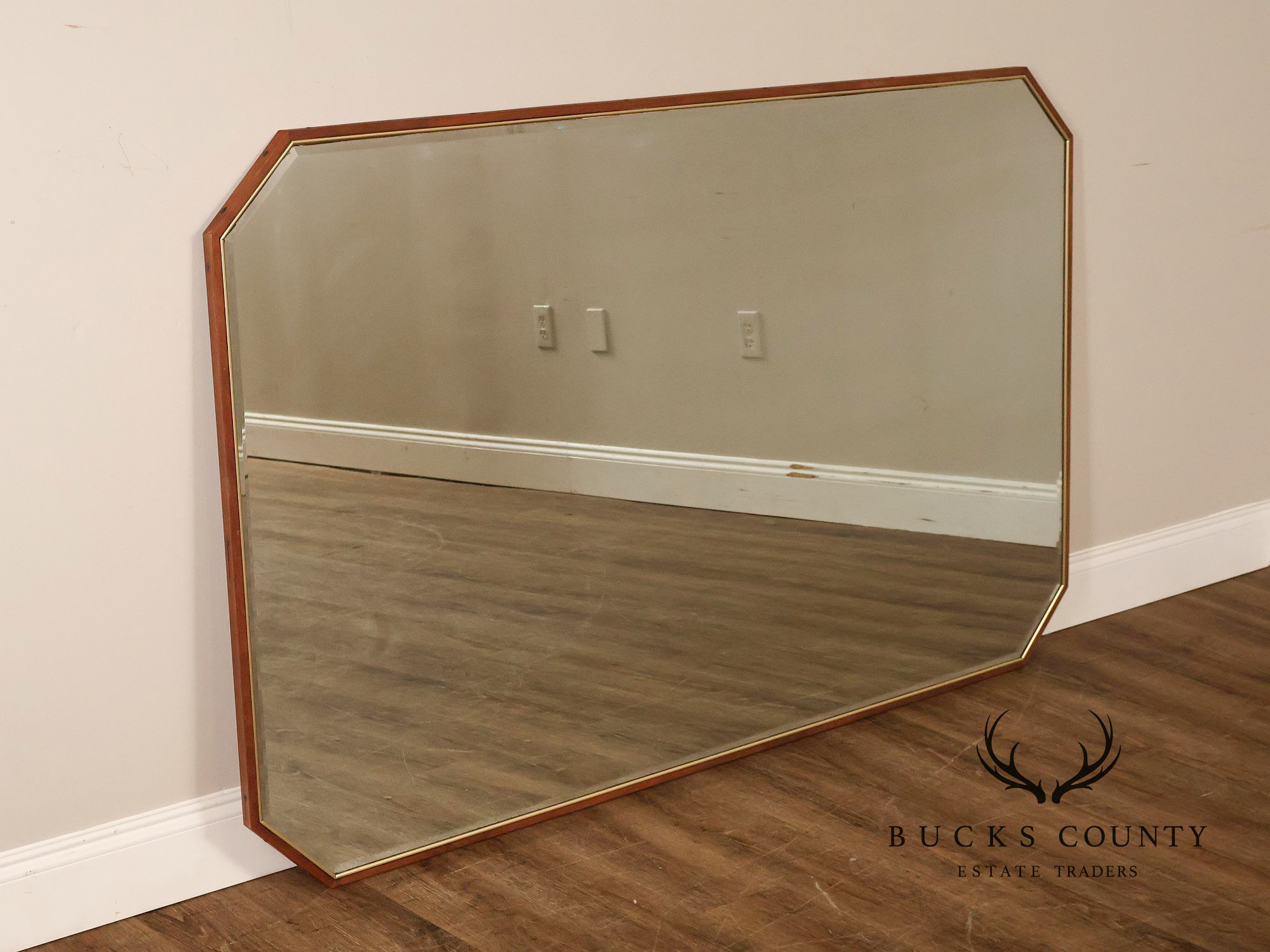 Mid Century Modern Walnut Frame Large Octagonal Wall Mirror