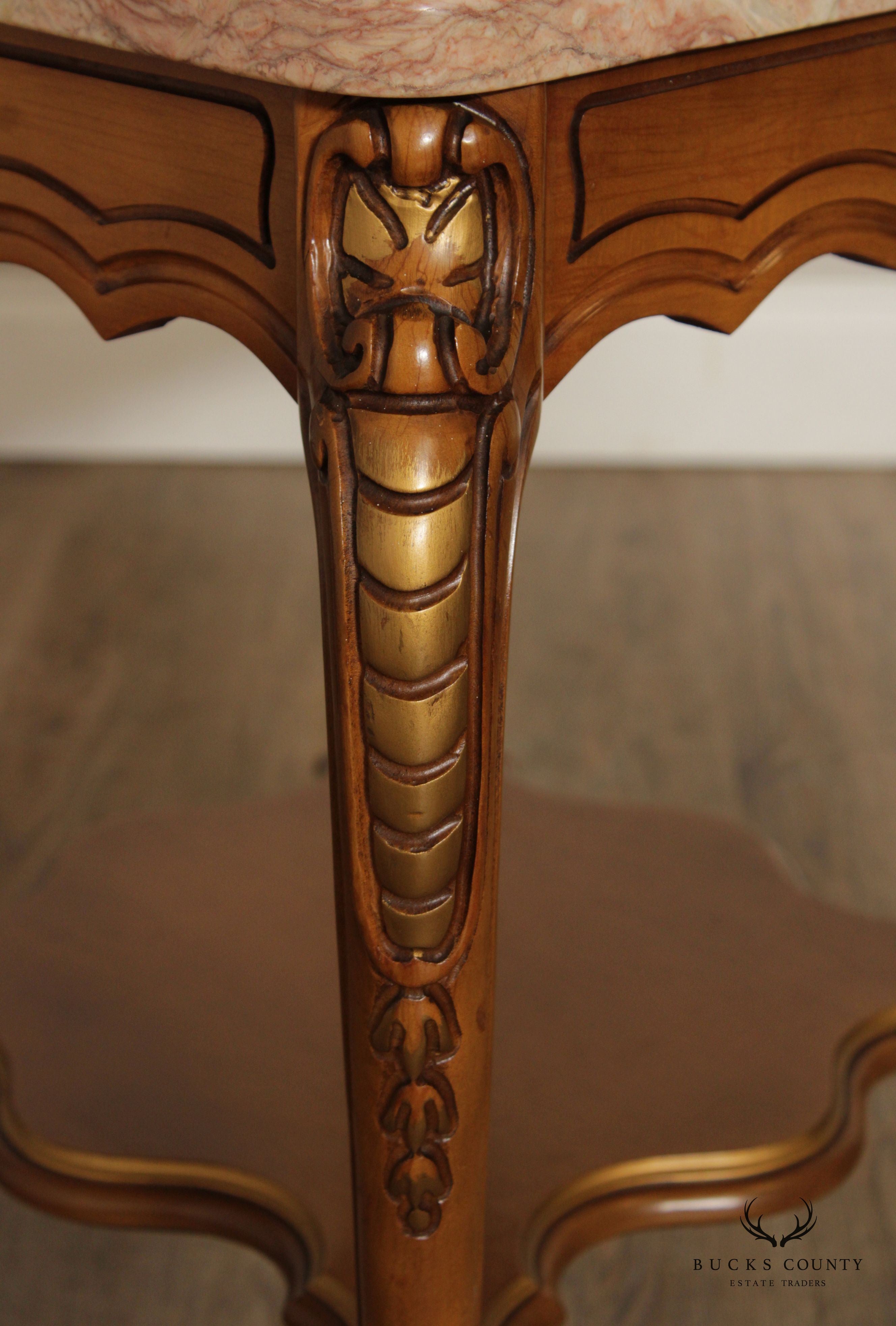 FRENCH LOUIS XV STYLE VINTAGE PAIR MARBLE TOP END TABLES