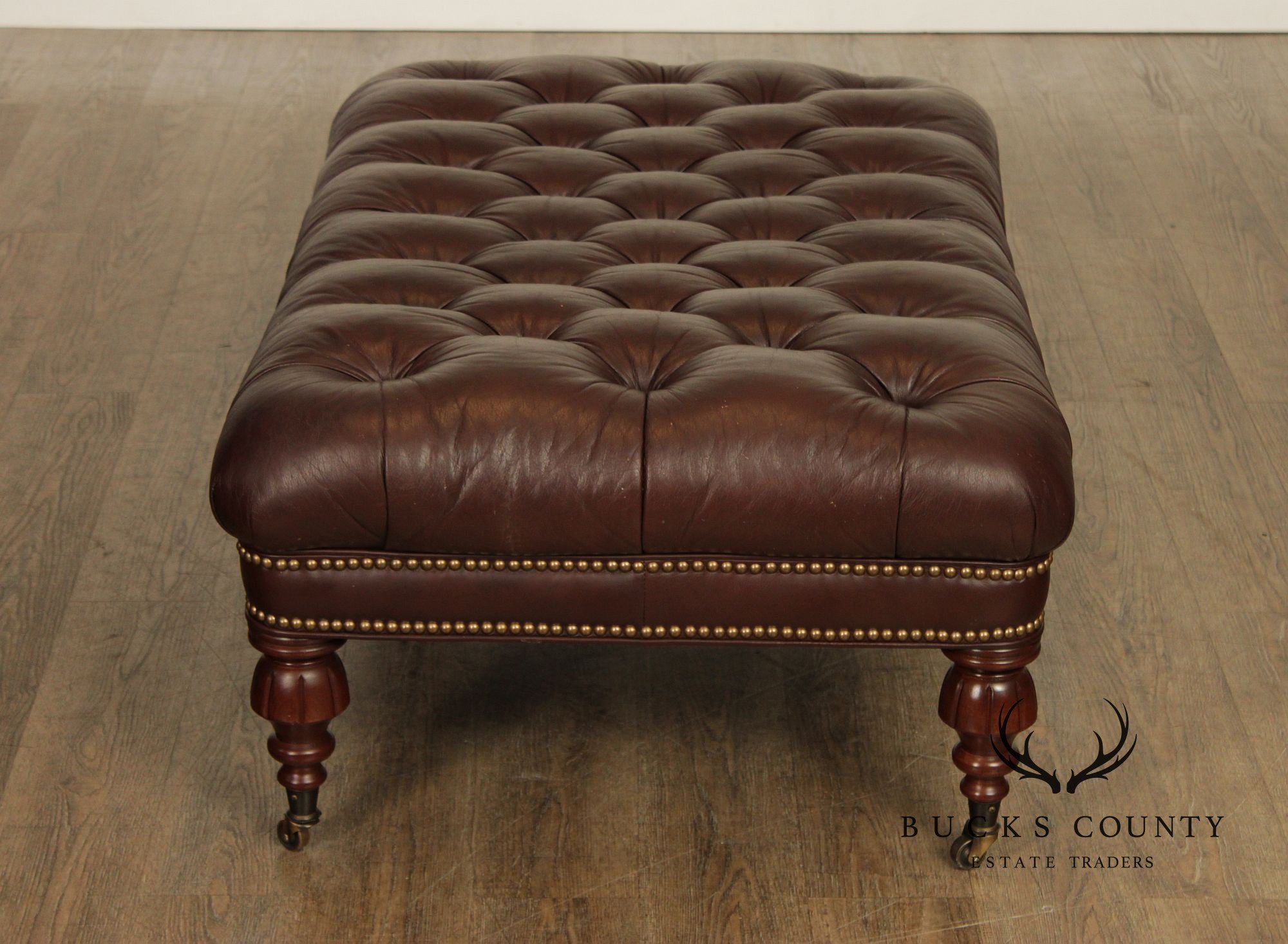 English Regency Style Tufted Leather Cocktail Ottoman On Turned Legs