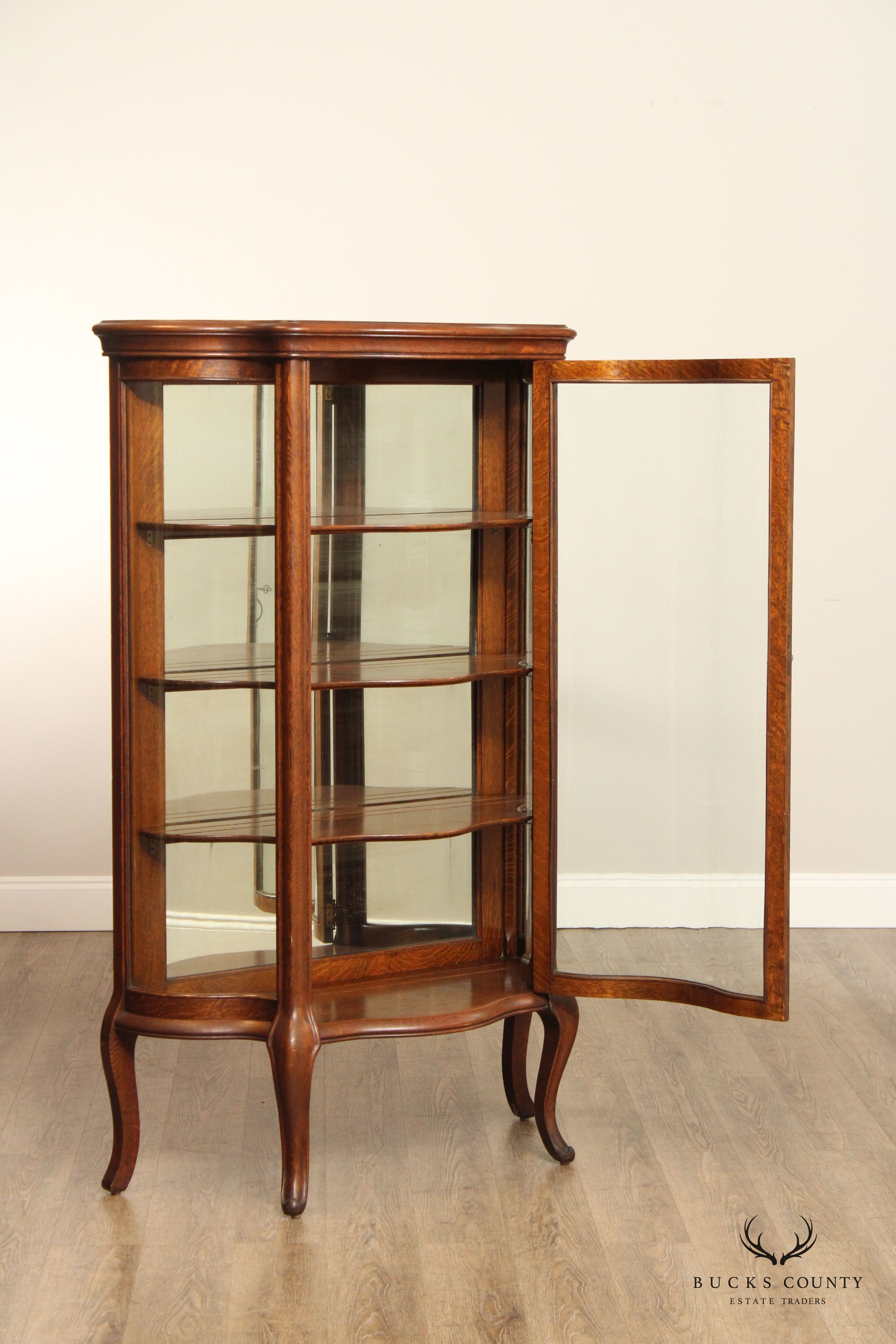 Antique Victorian Oak Curved Glass China Display Cabinet