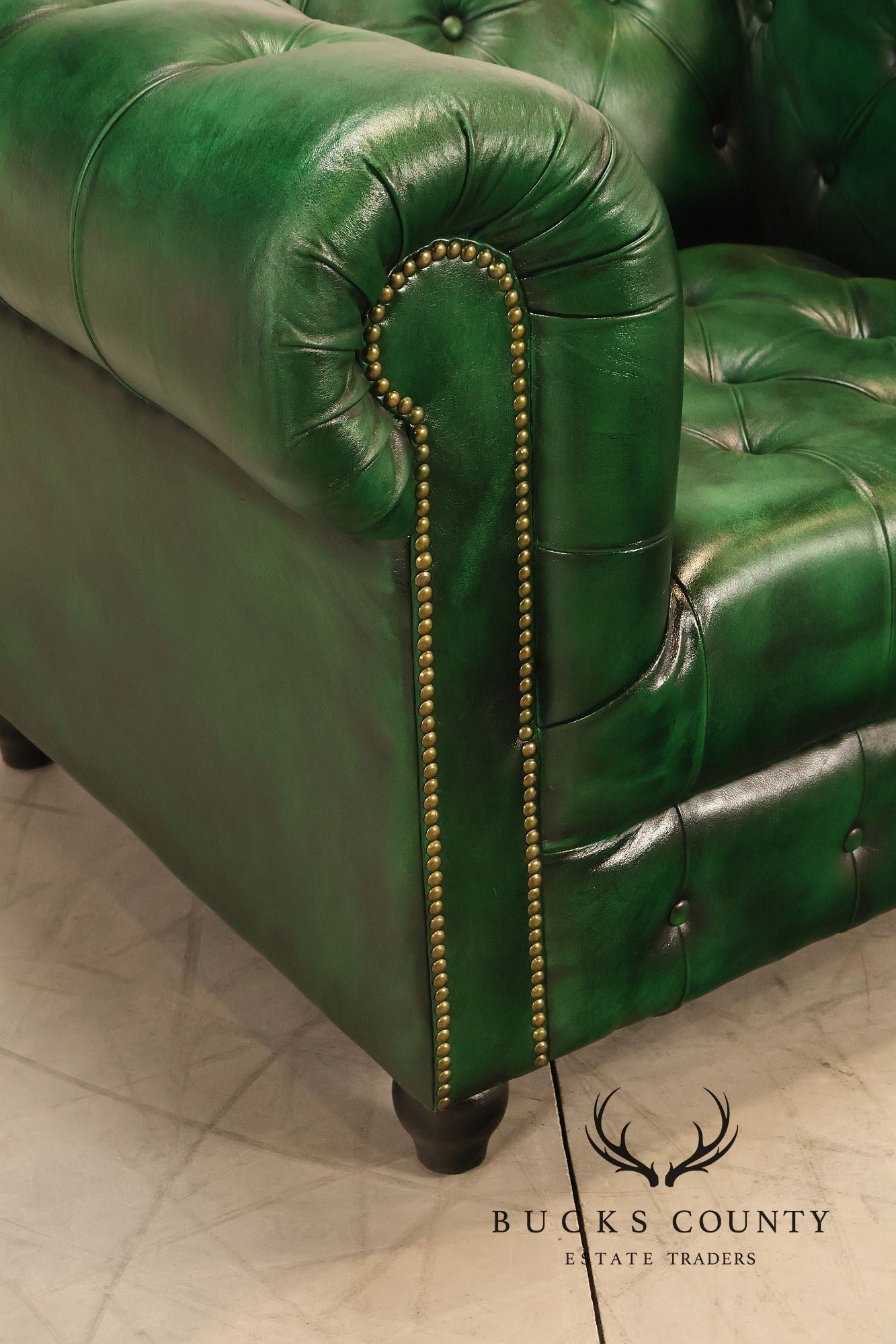 Chesterfield Style Pair of Green Leather Club Chairs