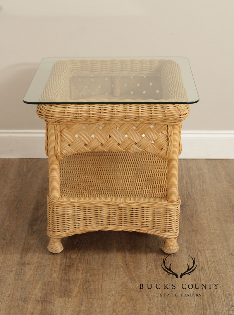 Vintage Pair of Glass Top Wicker End Tables
