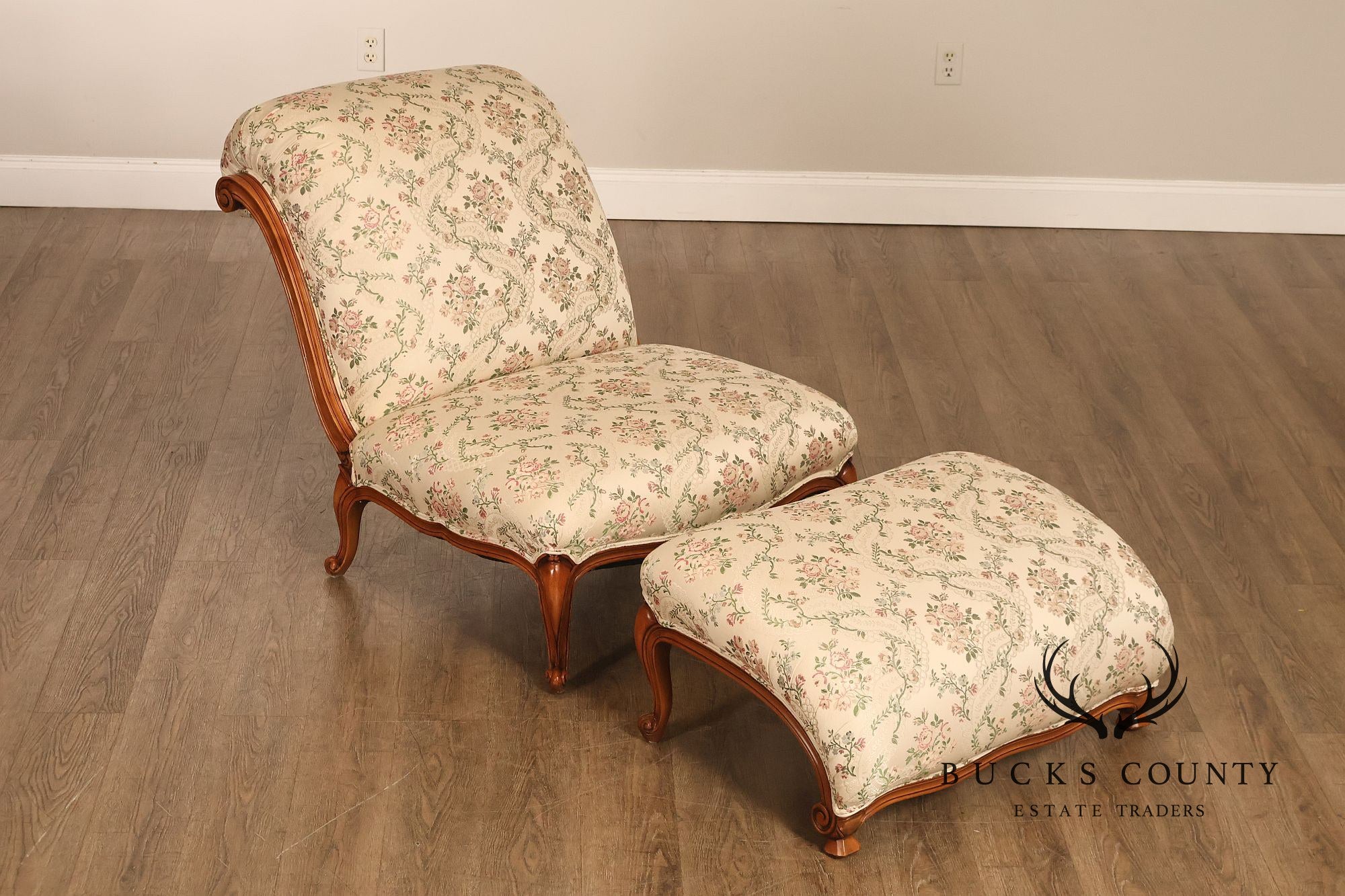 French Louis XV Style Two Piece Chaise Lounge Chair With Ottoman