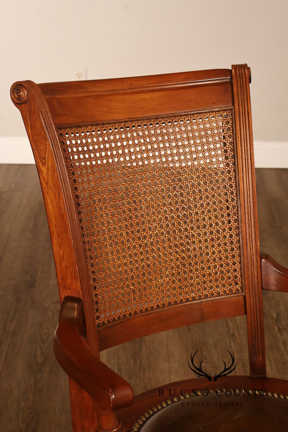 Vintage Leather and Cane Swivel Office Armchair