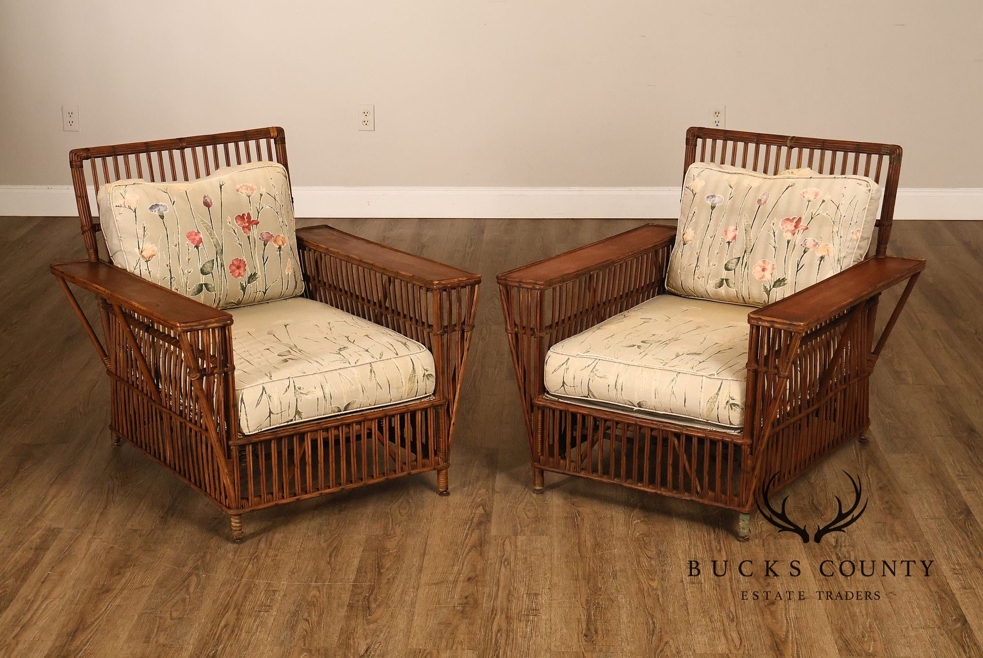 Antique Pair Of Split Reed Rattan Lounge Chairs
