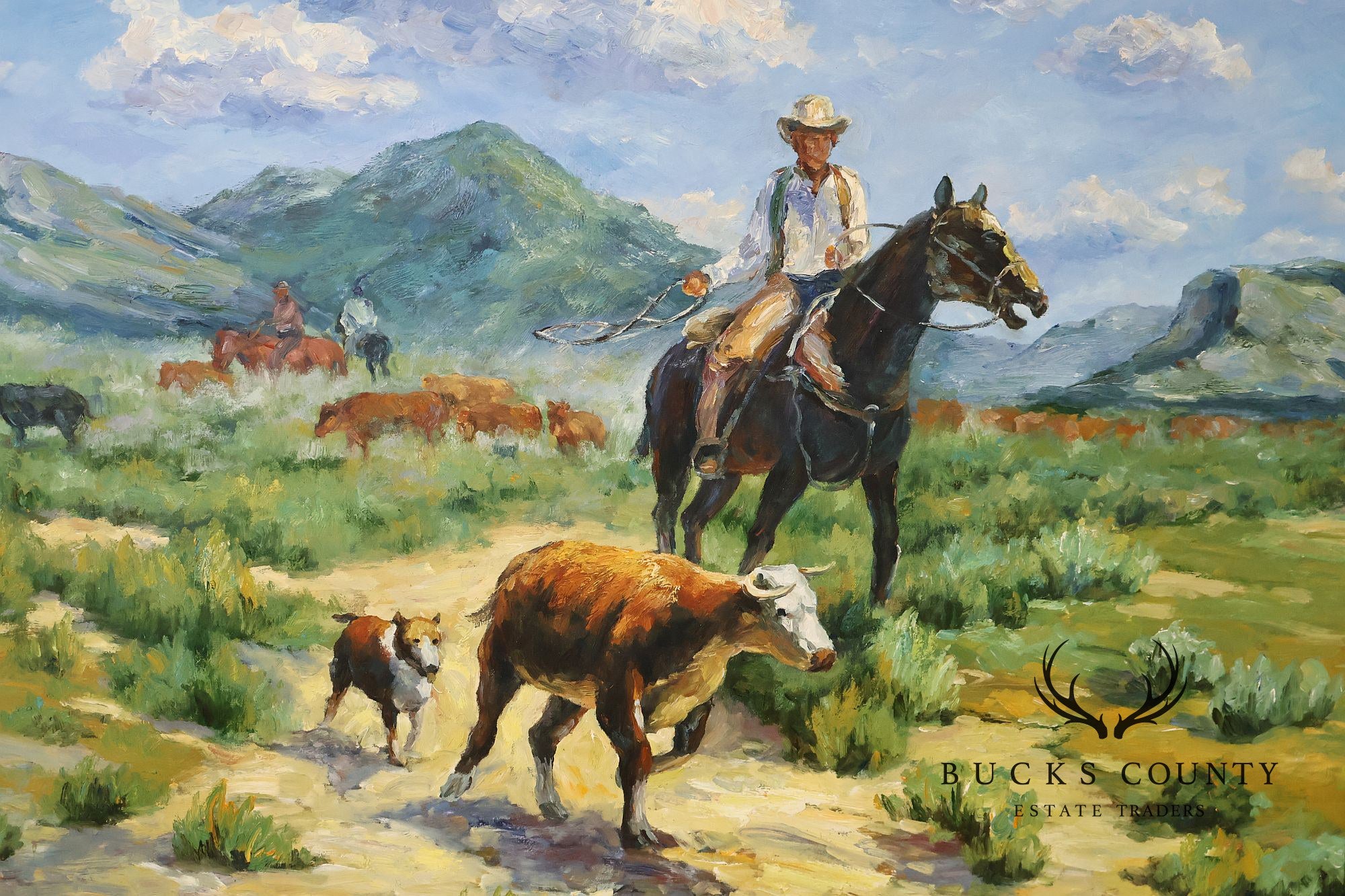Western Cowboy on Horse Oil Painting on Canvas 55" x 43" Signed 'S. T. Cesent' in Gold Gilt Frame