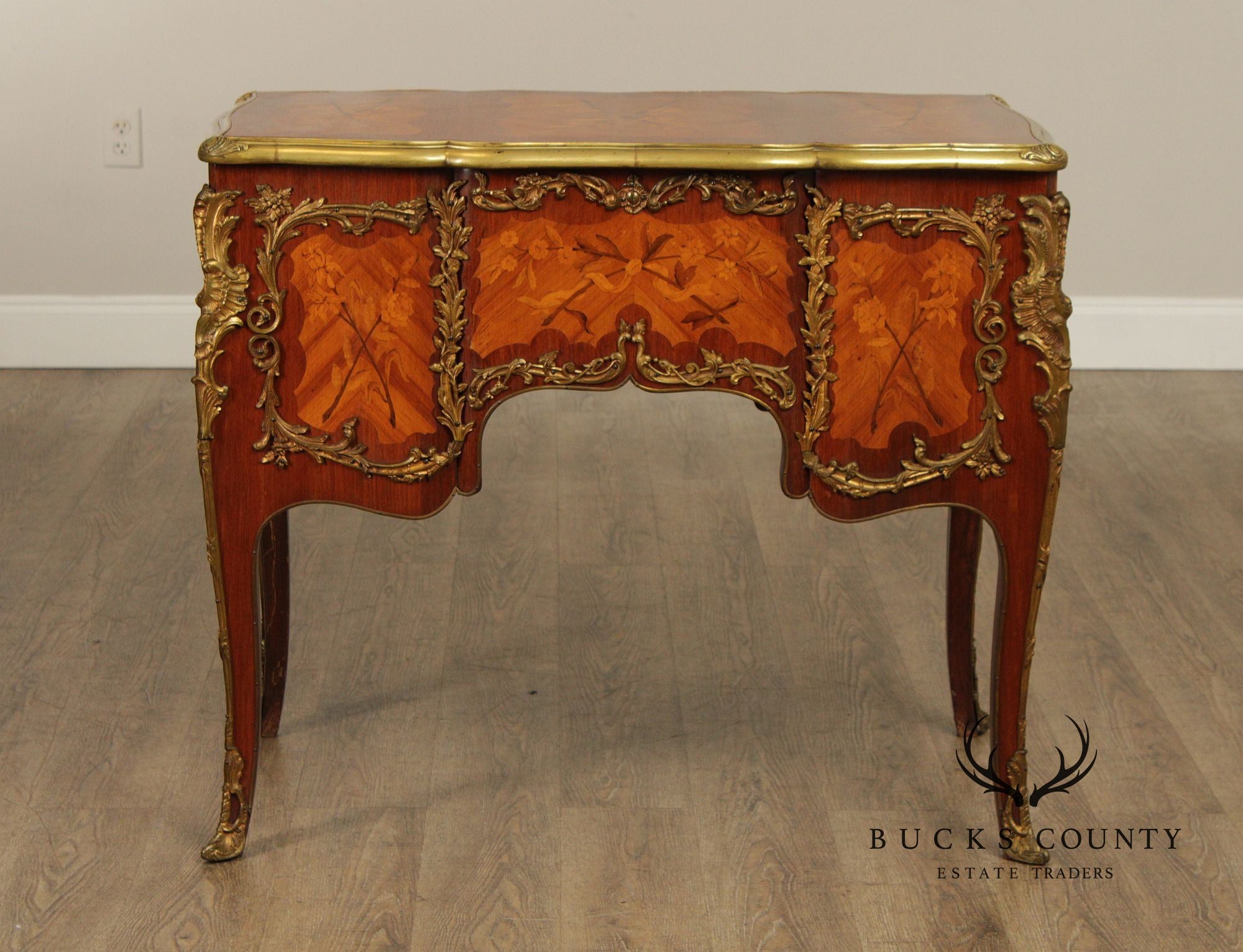 French Louis XV Style Marquetry Inlaid Bronze Mounted Knee Hole Desk