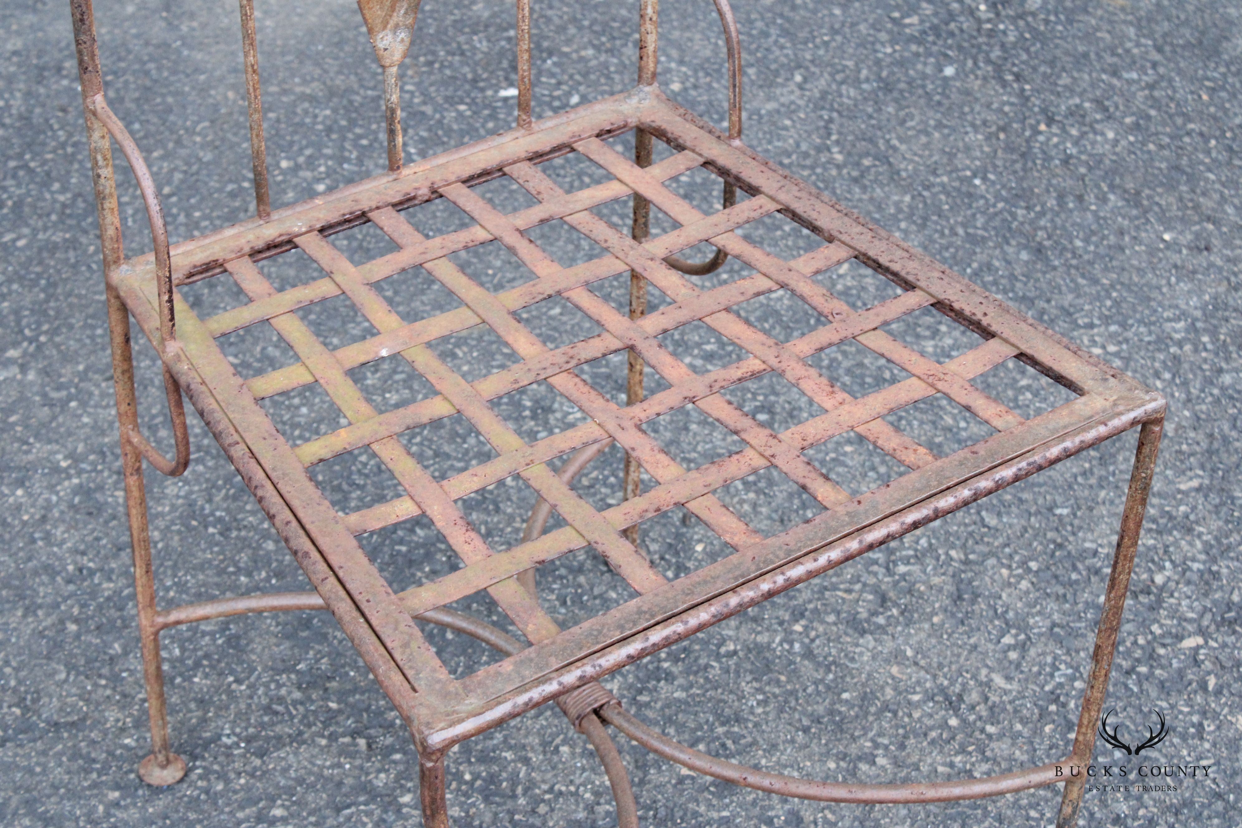 French Style Vintage Set of Four Wrought Iron Garden Side Dining Chairs