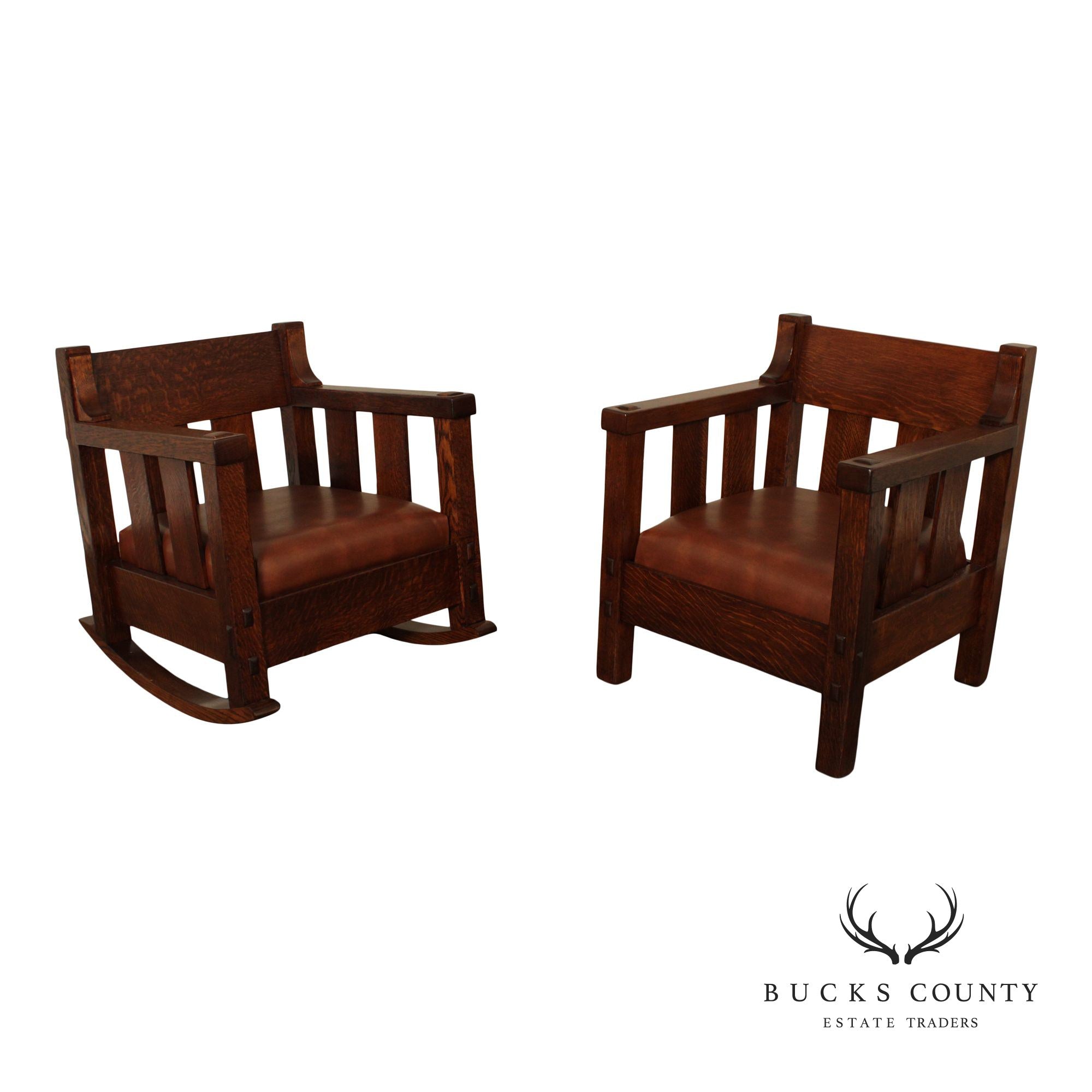 Lifetime Furniture Co. Antique Mission Oak Rocker and Armchair