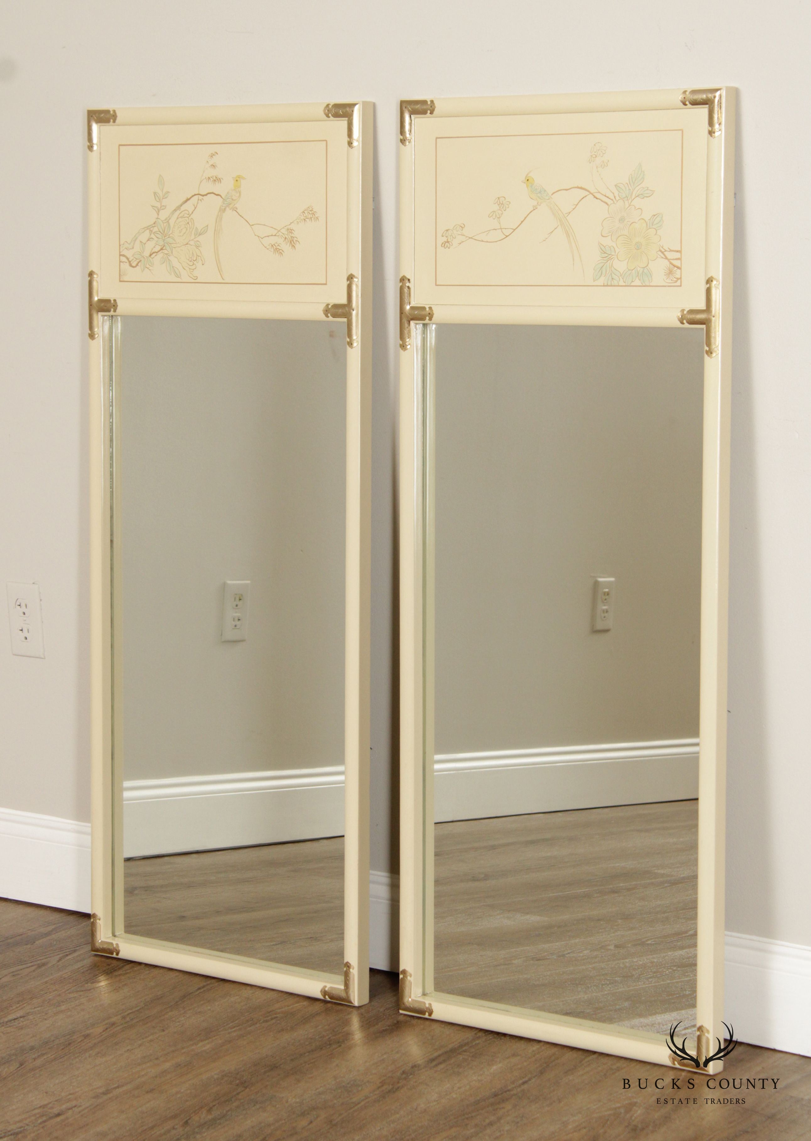 Asian Style Pair of Painted Trumeau Mirrors