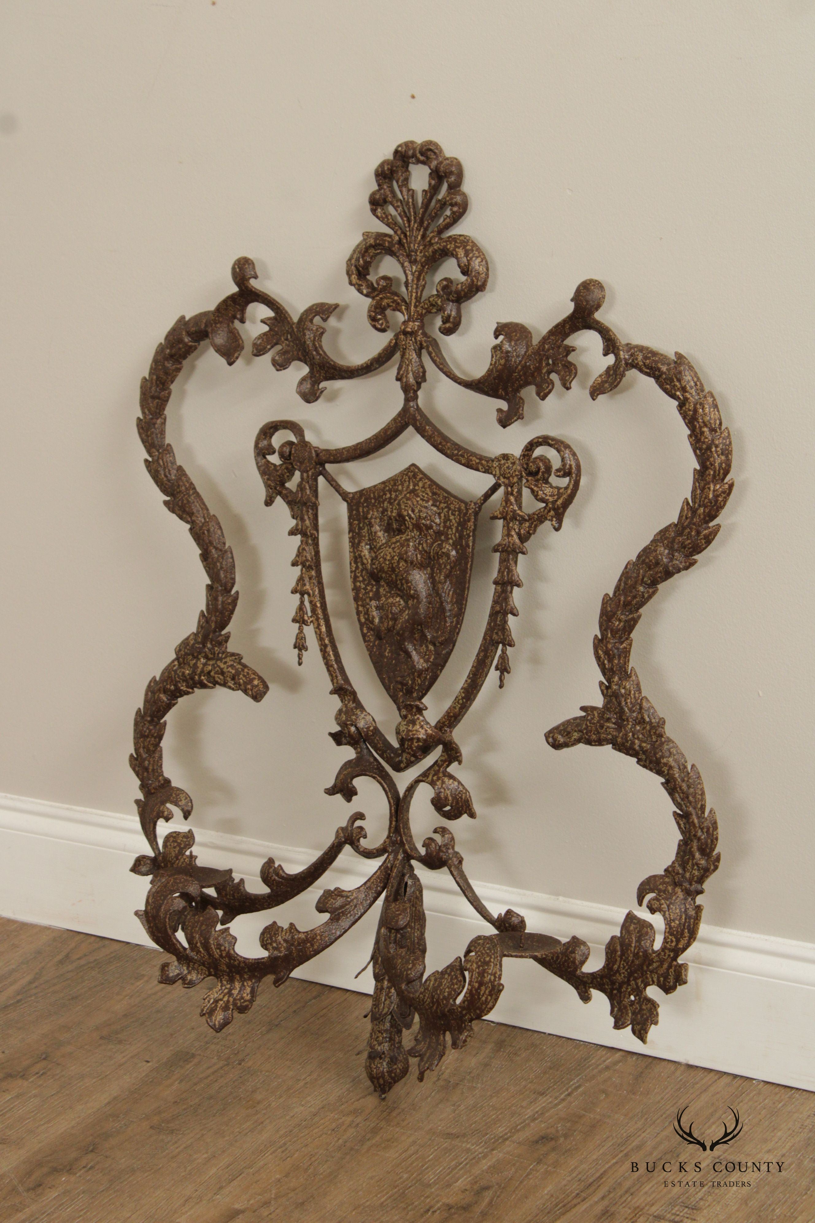 English Traditional Style Antiqued Iron Candle Sconce Wall Plaque