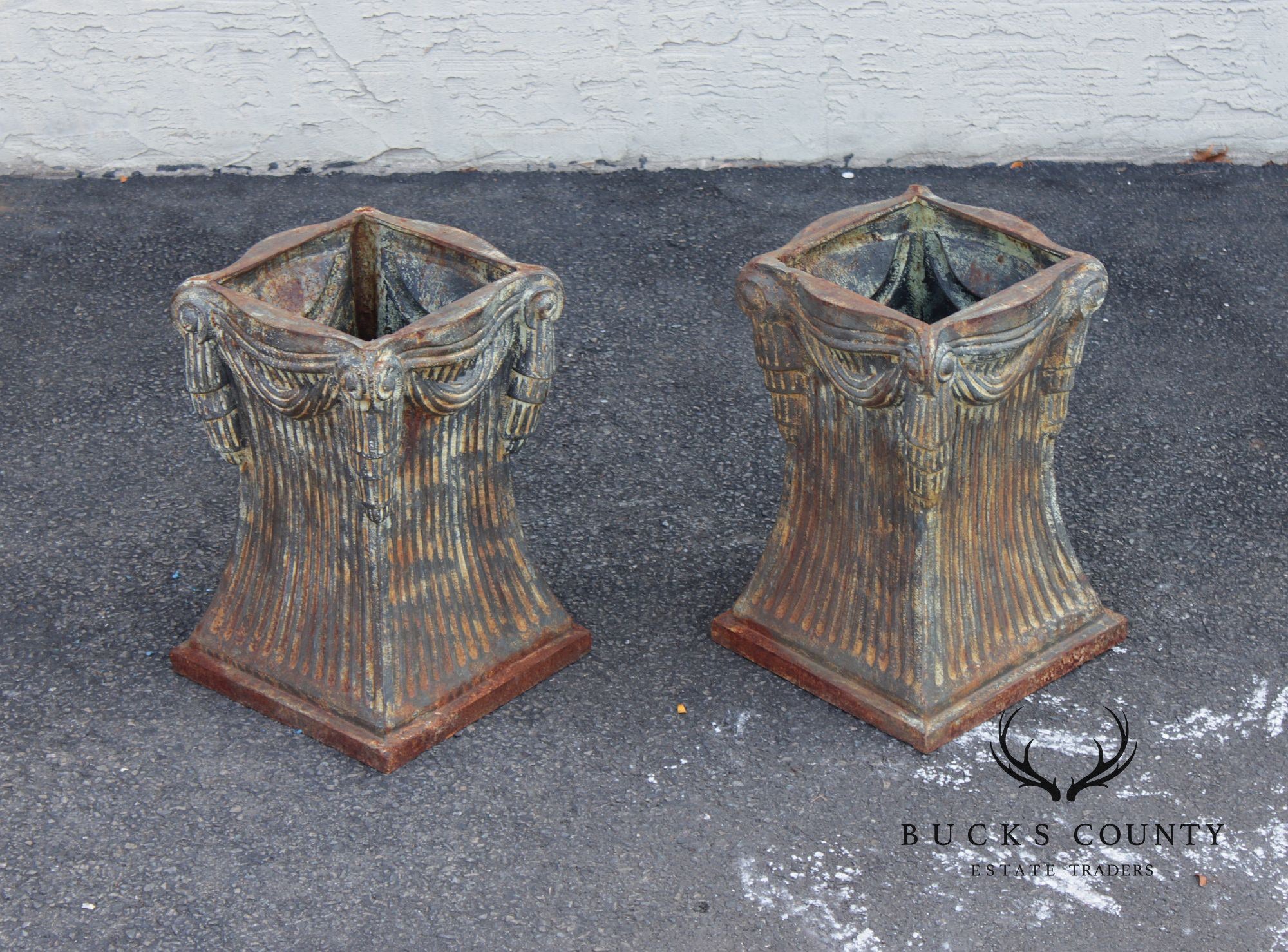 Neoclassical Style Pair Of Cast Iron Garden Planters Or Pedestal Bases