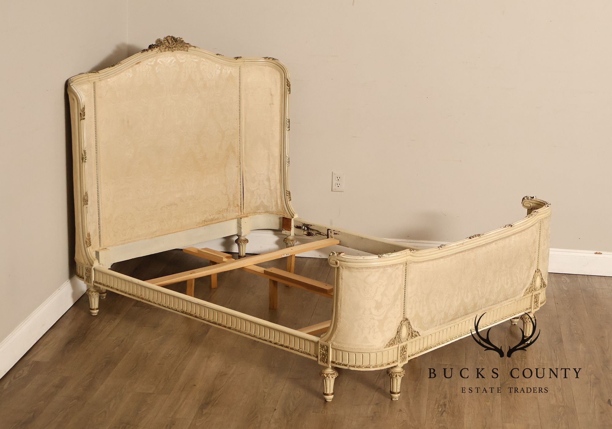 Antique French Louis XVI Style Painted & Upholstered Full Size Bed Frame