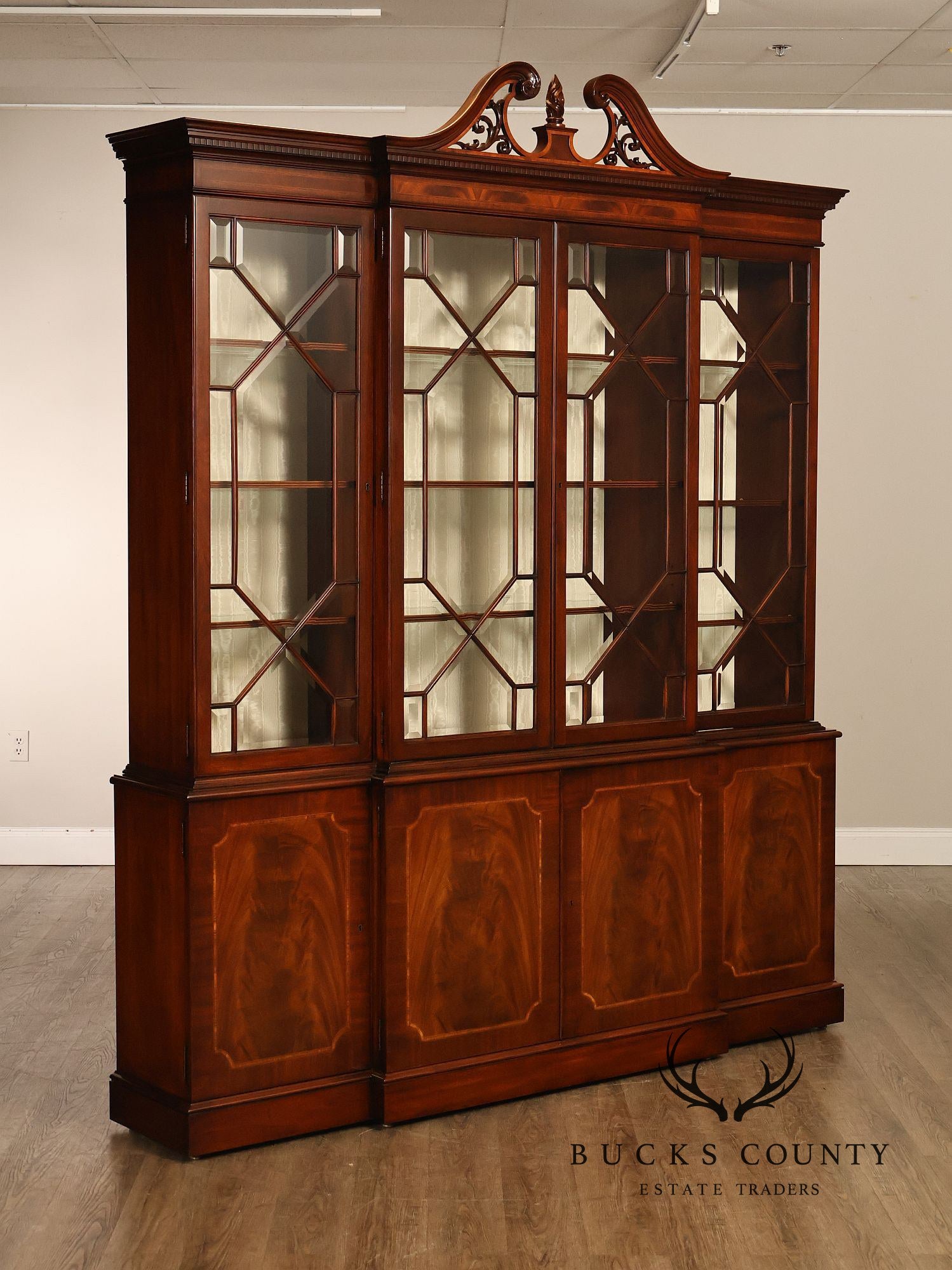 Karges English Style Mahogany Breakfront China Cabinet Display Bookcase with Carved Pediment and Silk Backing