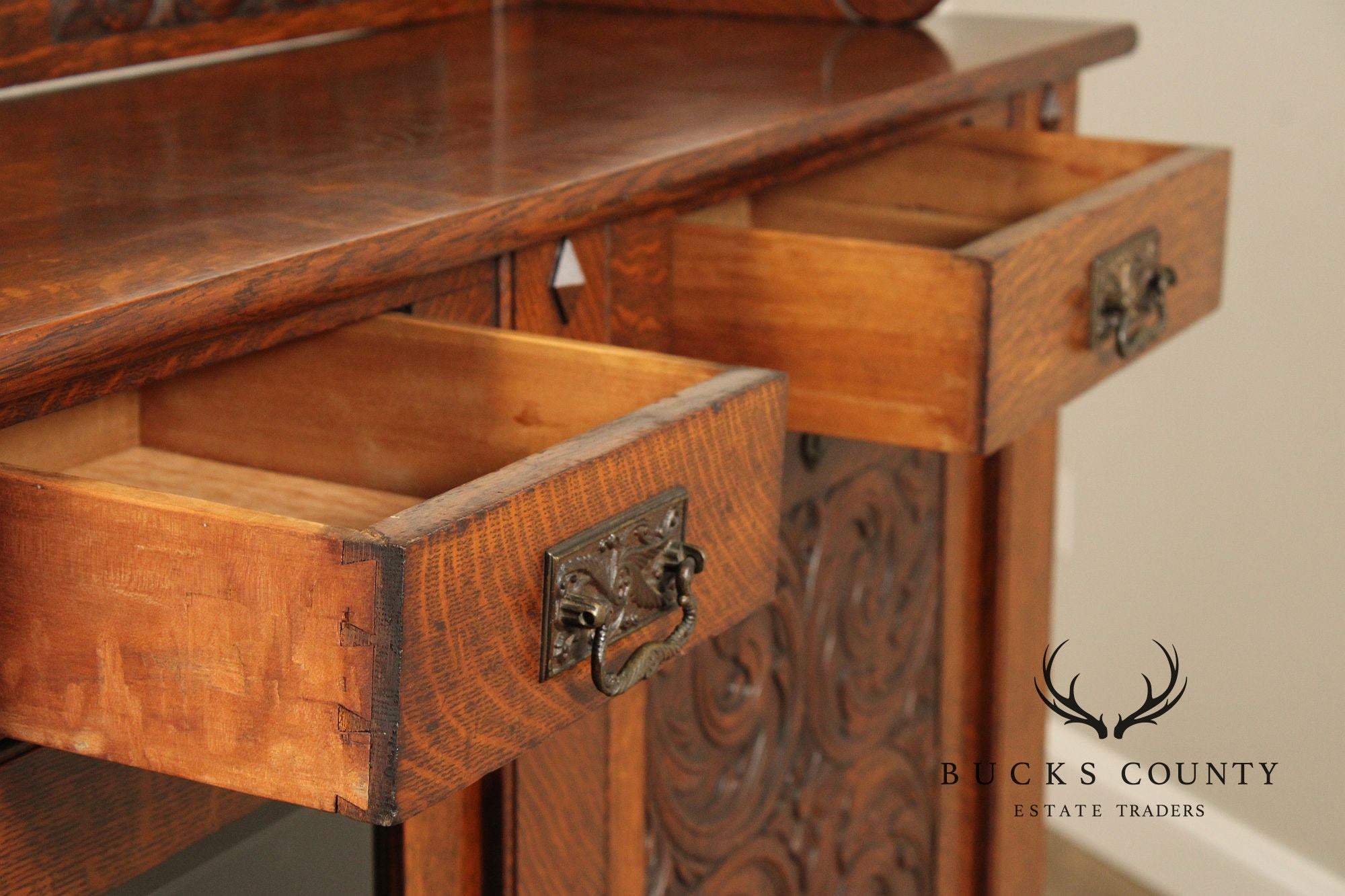 Antique Arts And Crafts Period Carved Oak Secretary Desk Bookcase