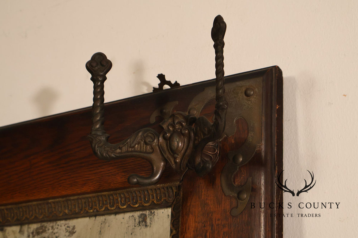 Antique Victorian Oak Wall Mirror With Cast Iron Coat Hooks