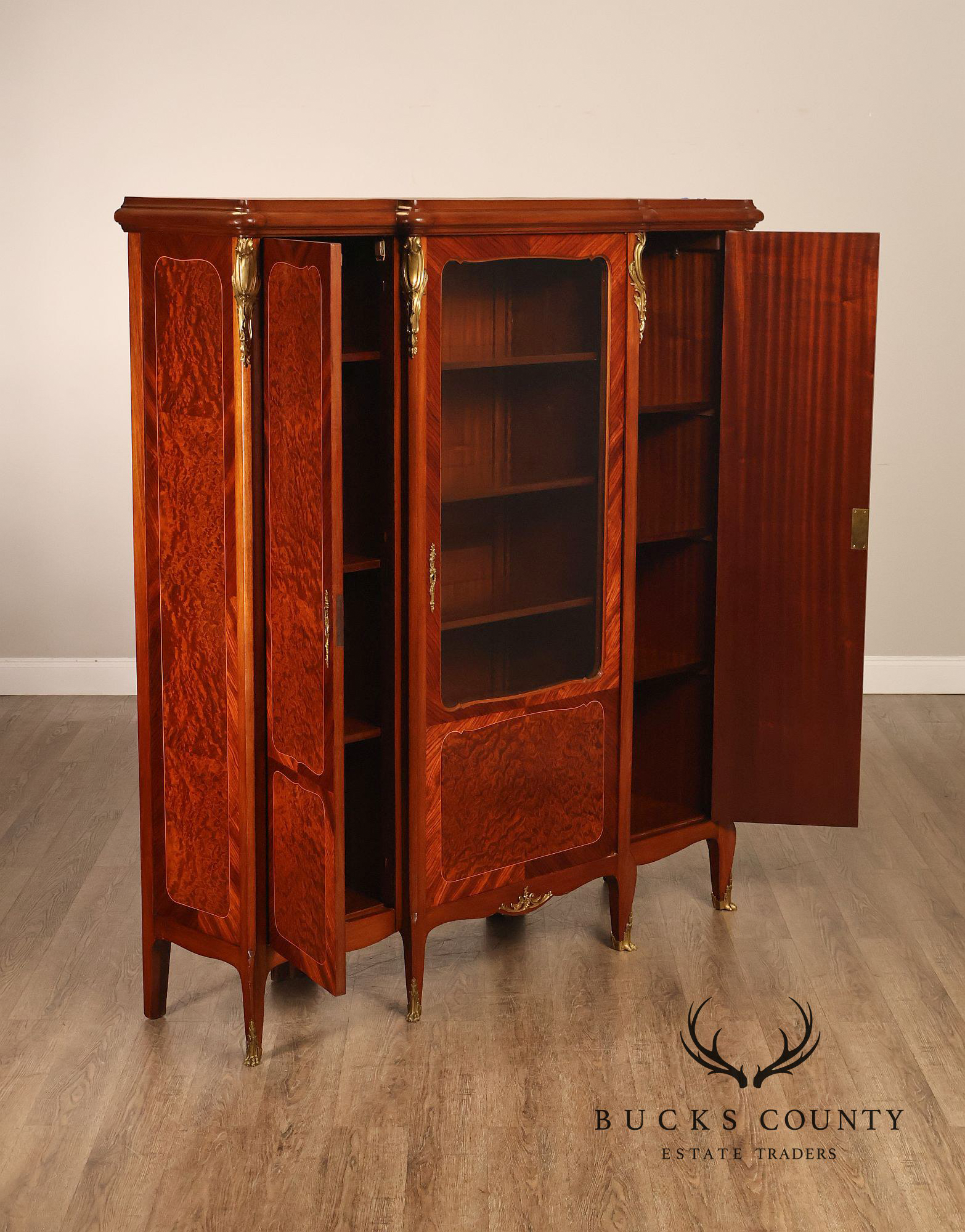 French Louis XV Style Burl Wood Three Door Bookcase Display Cabinet