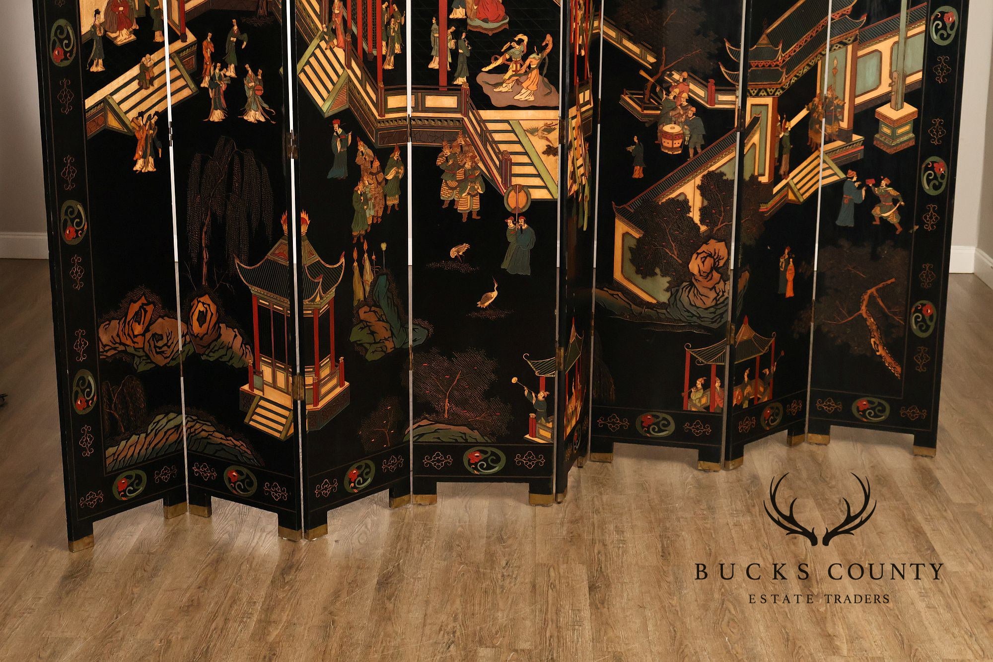 Chinese Coromandel Style Pair Of Eight Panel Folding Screens