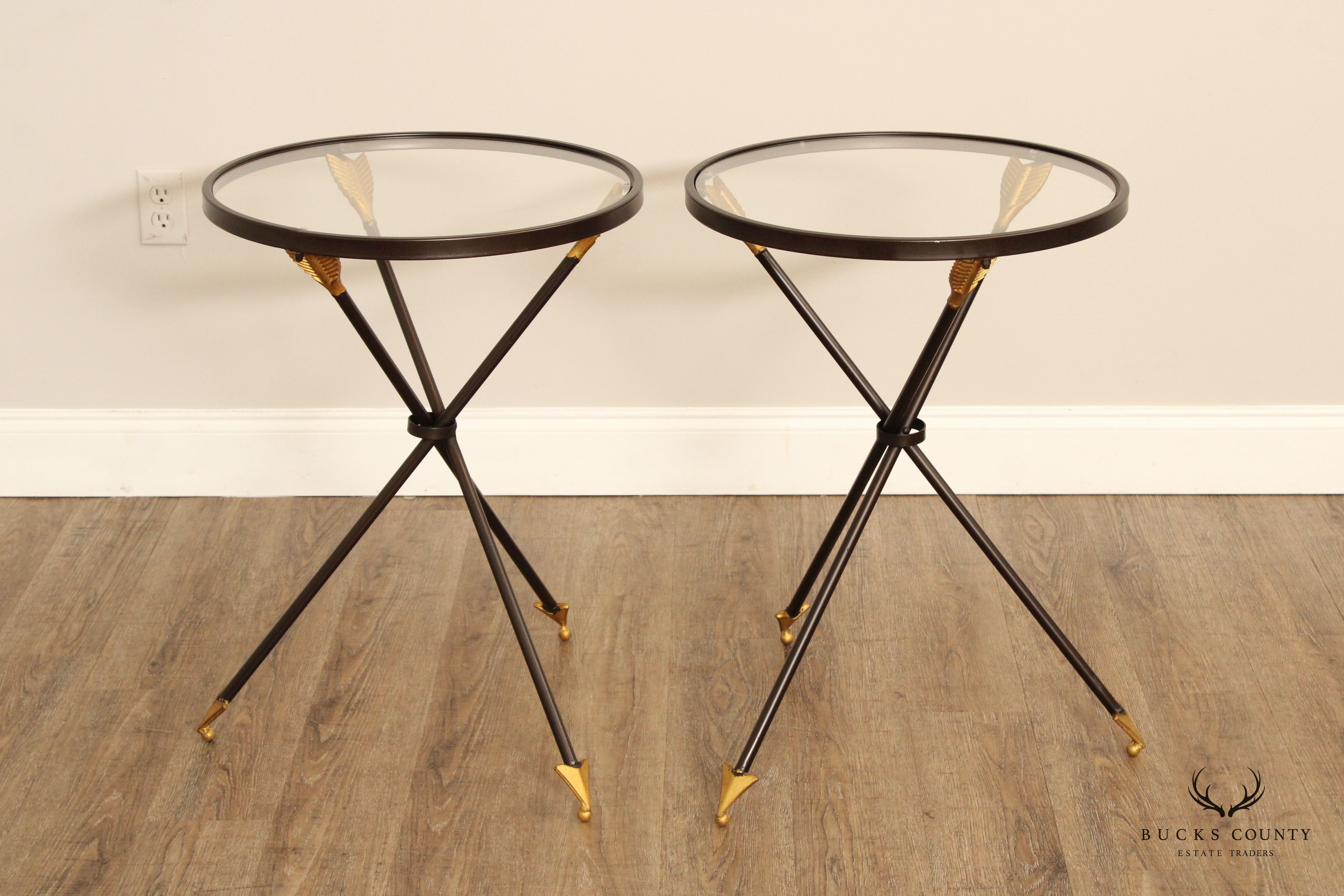 Regency Style Pair of Round Glass Top Arrow Side Tables